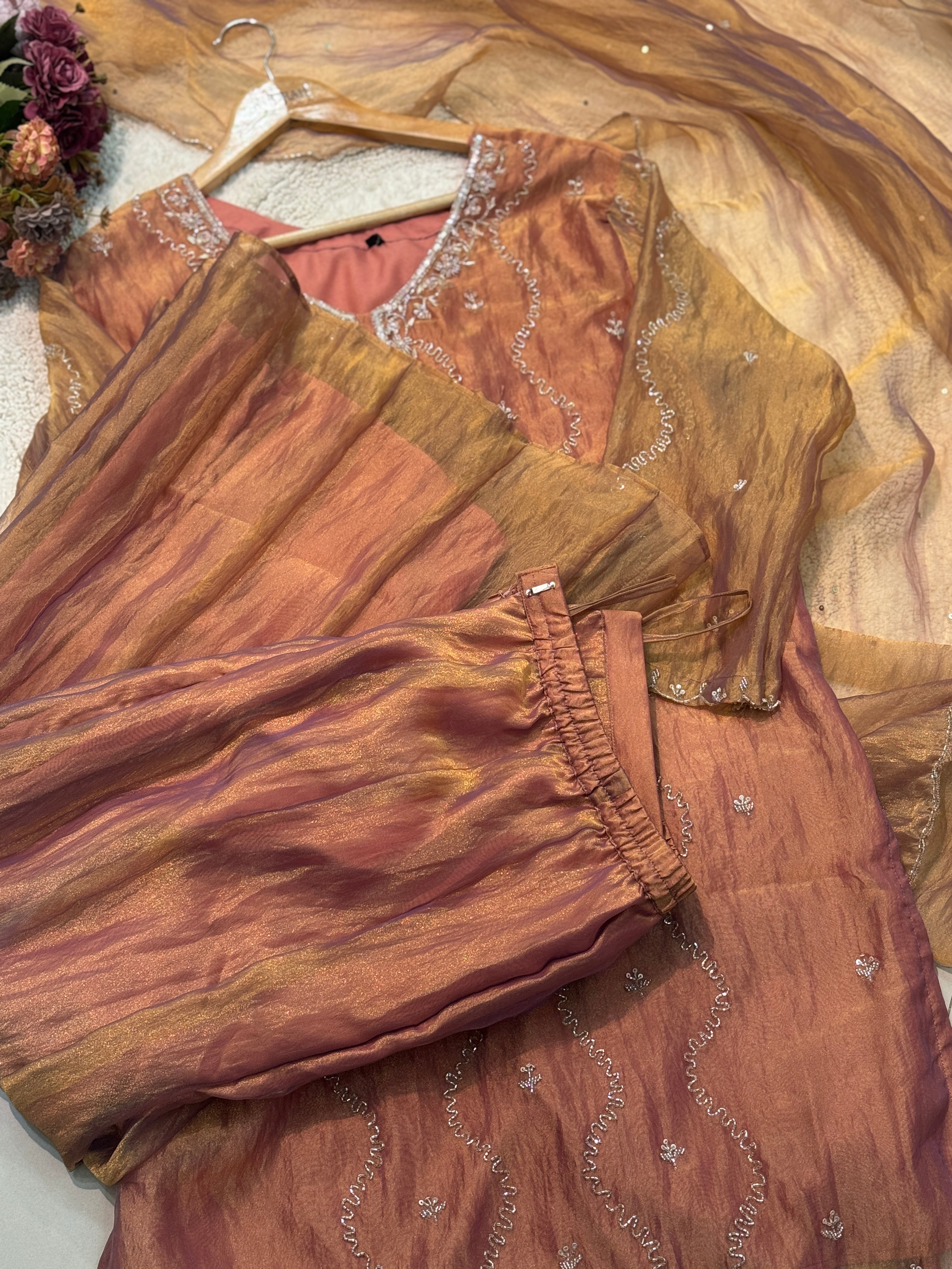 Glass tissue fully handworked side cut kurta with palazzo pant and dupatta