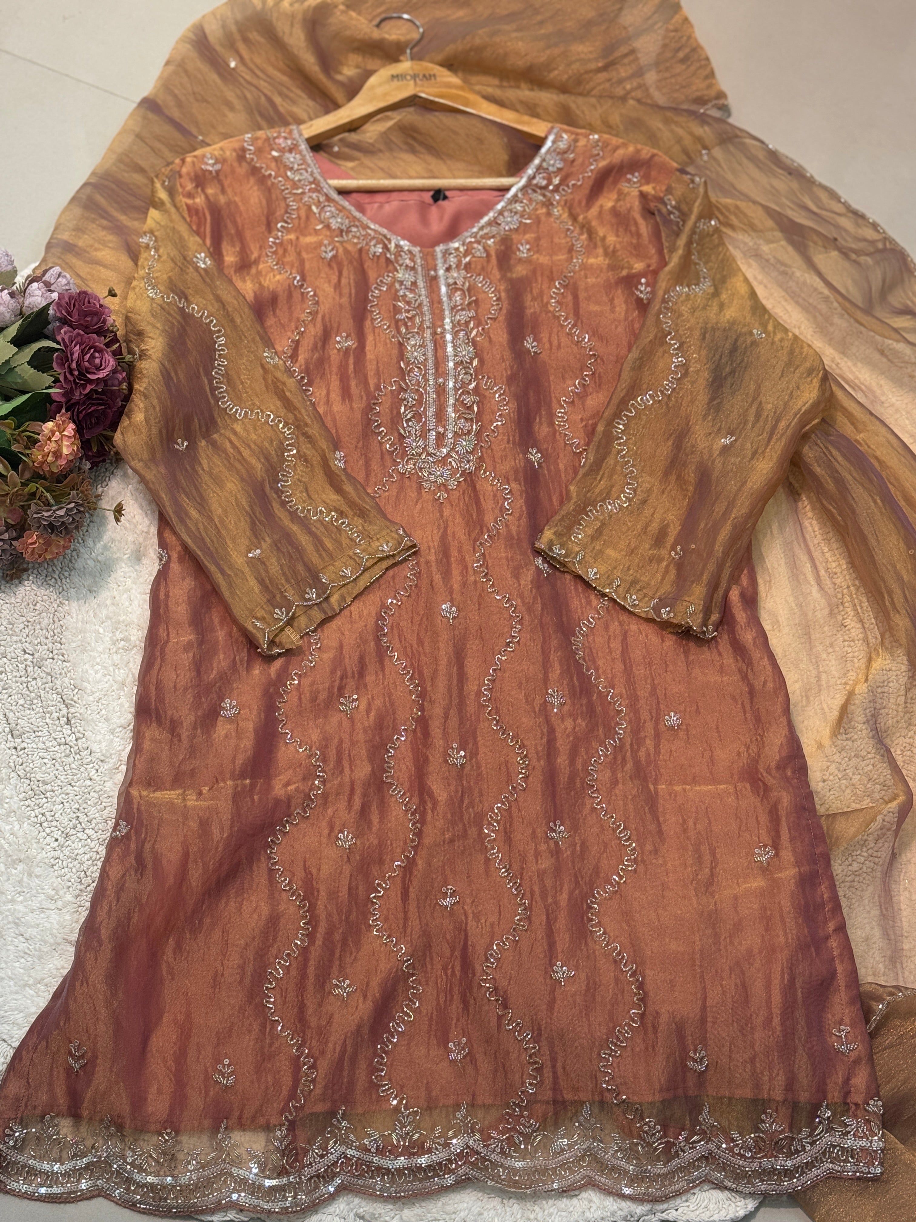 Glass tissue fully handworked side cut kurta with palazzo pant and dupatta