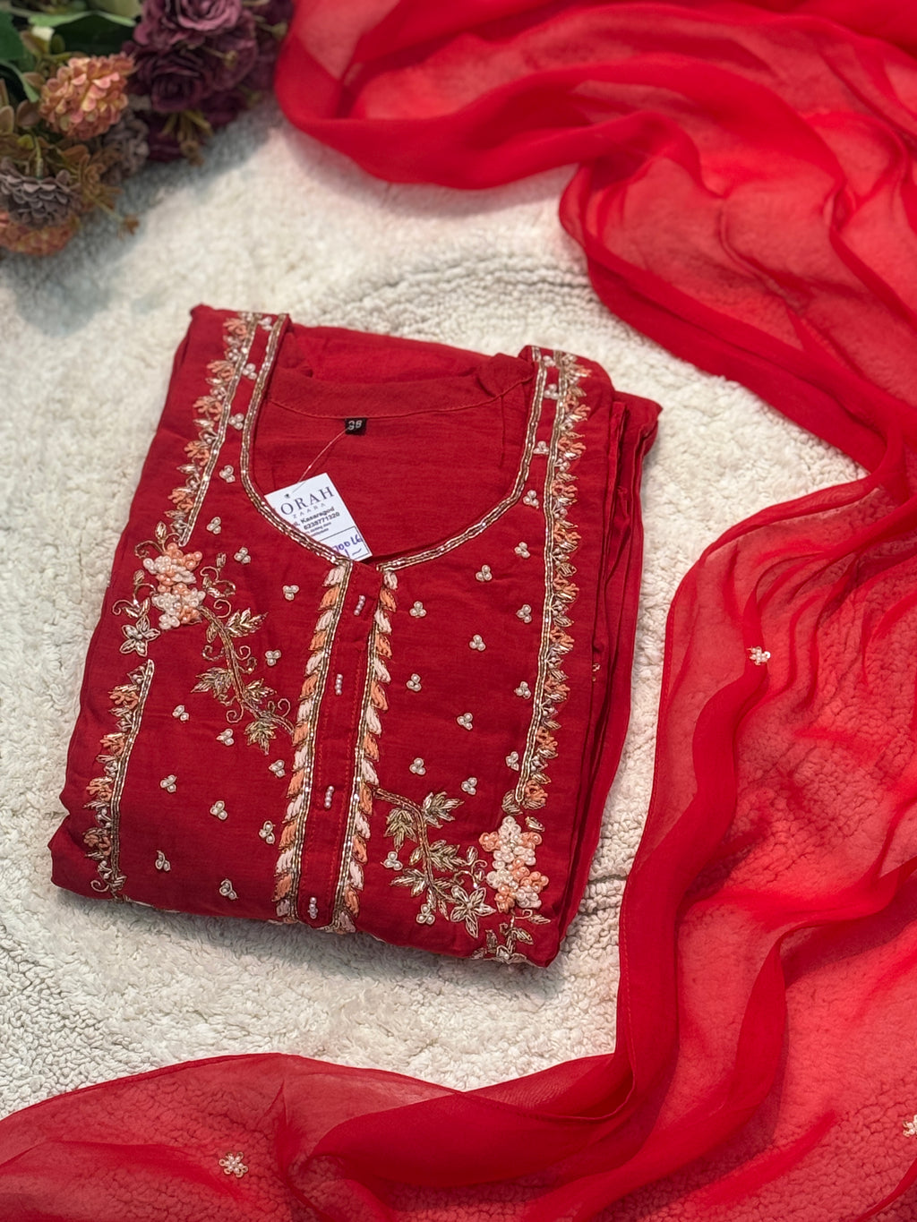 Premium mul chanderi handwork aline kurta with pant and duppatta
