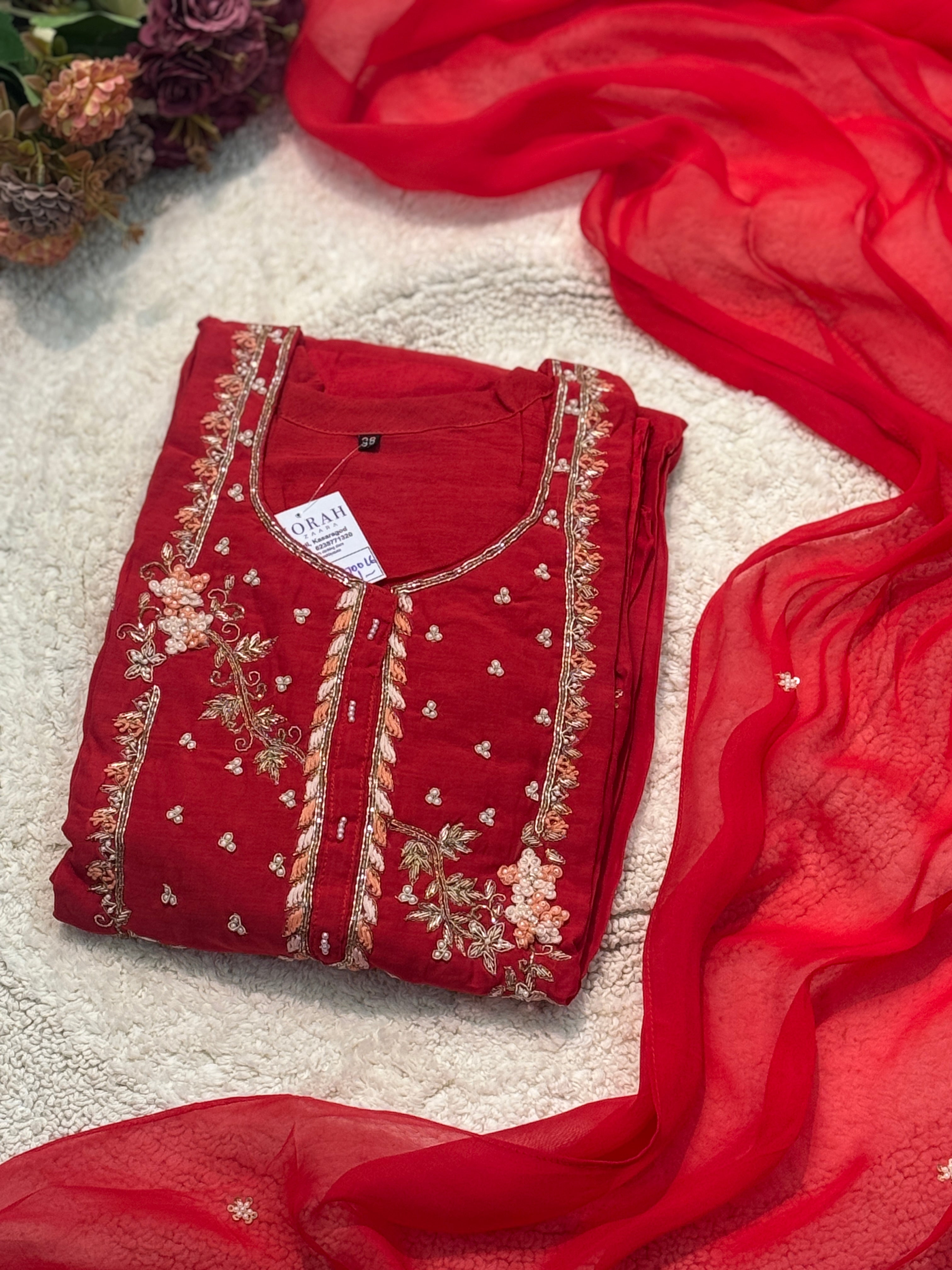 Premium mul chanderi handwork aline kurta with pant and duppatta