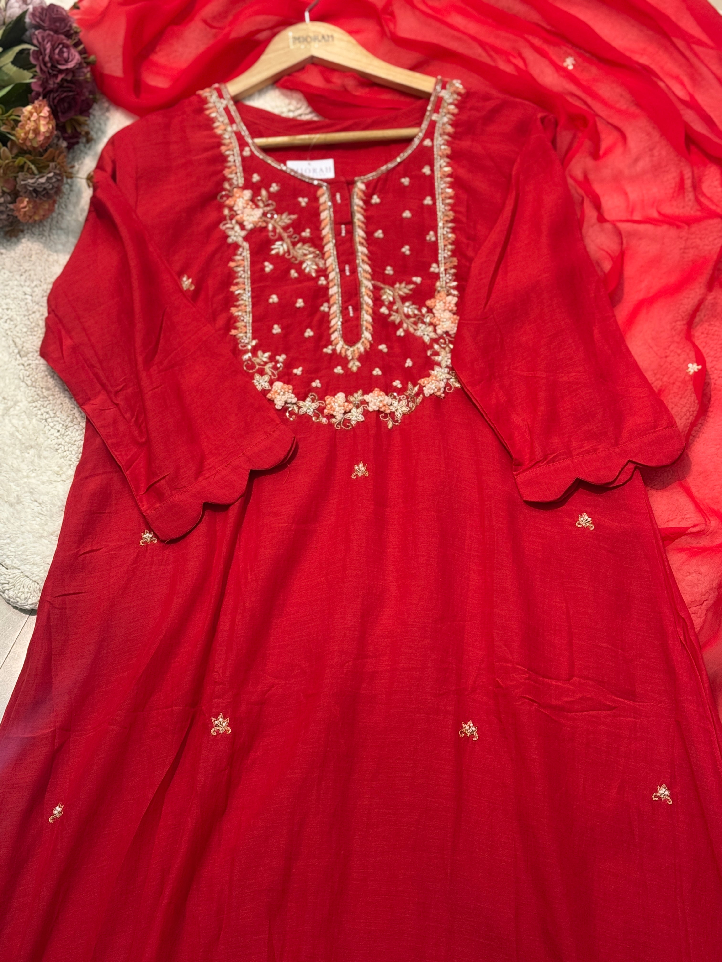 Premium mul chanderi handwork aline kurta with pant and duppatta