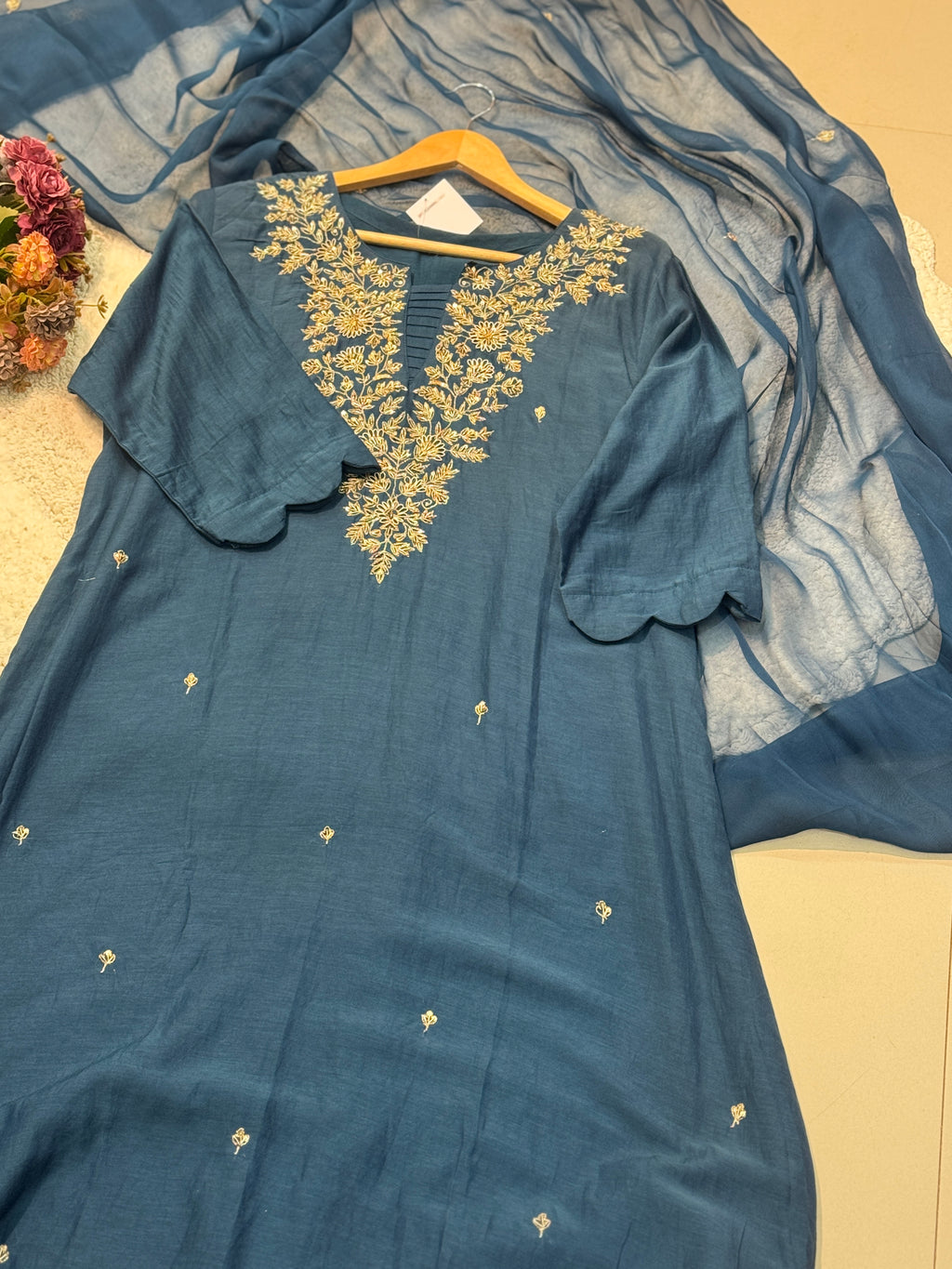 Premium mul chanderi handwork aline kurta with pant and duppatta