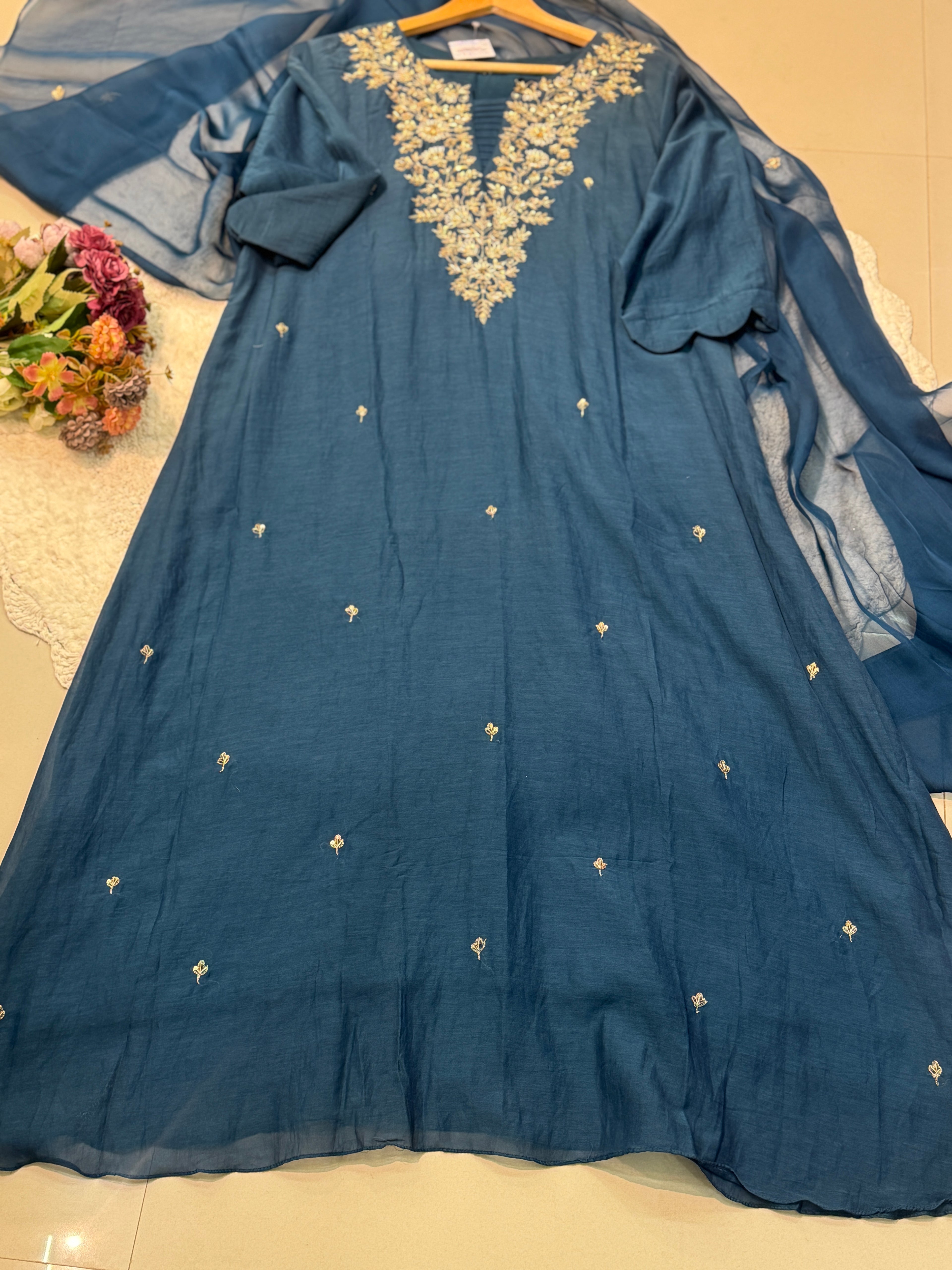 Premium mul chanderi handwork aline kurta with pant and duppatta