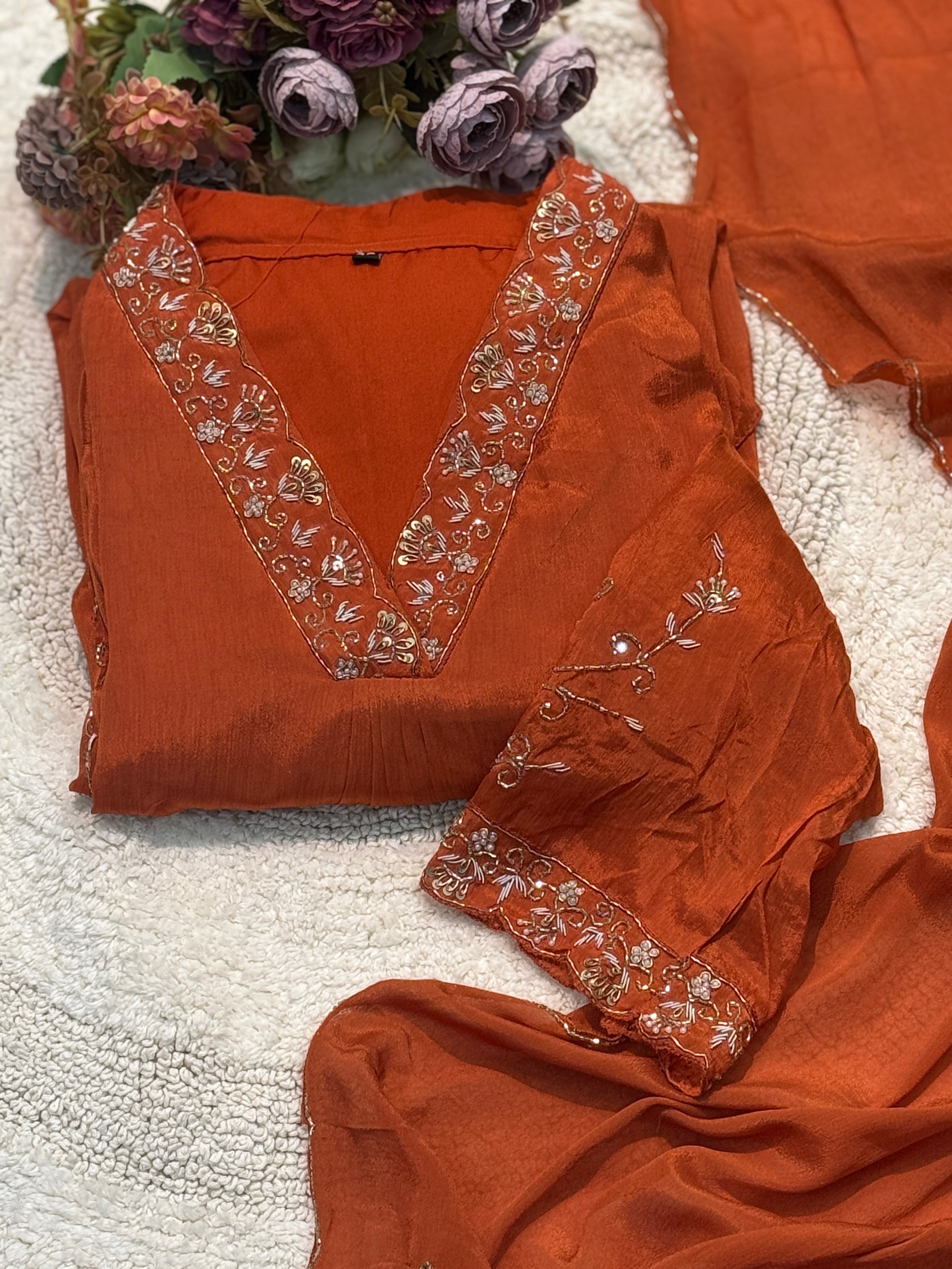 Premium hand worked aline kurta with pant and dupatta