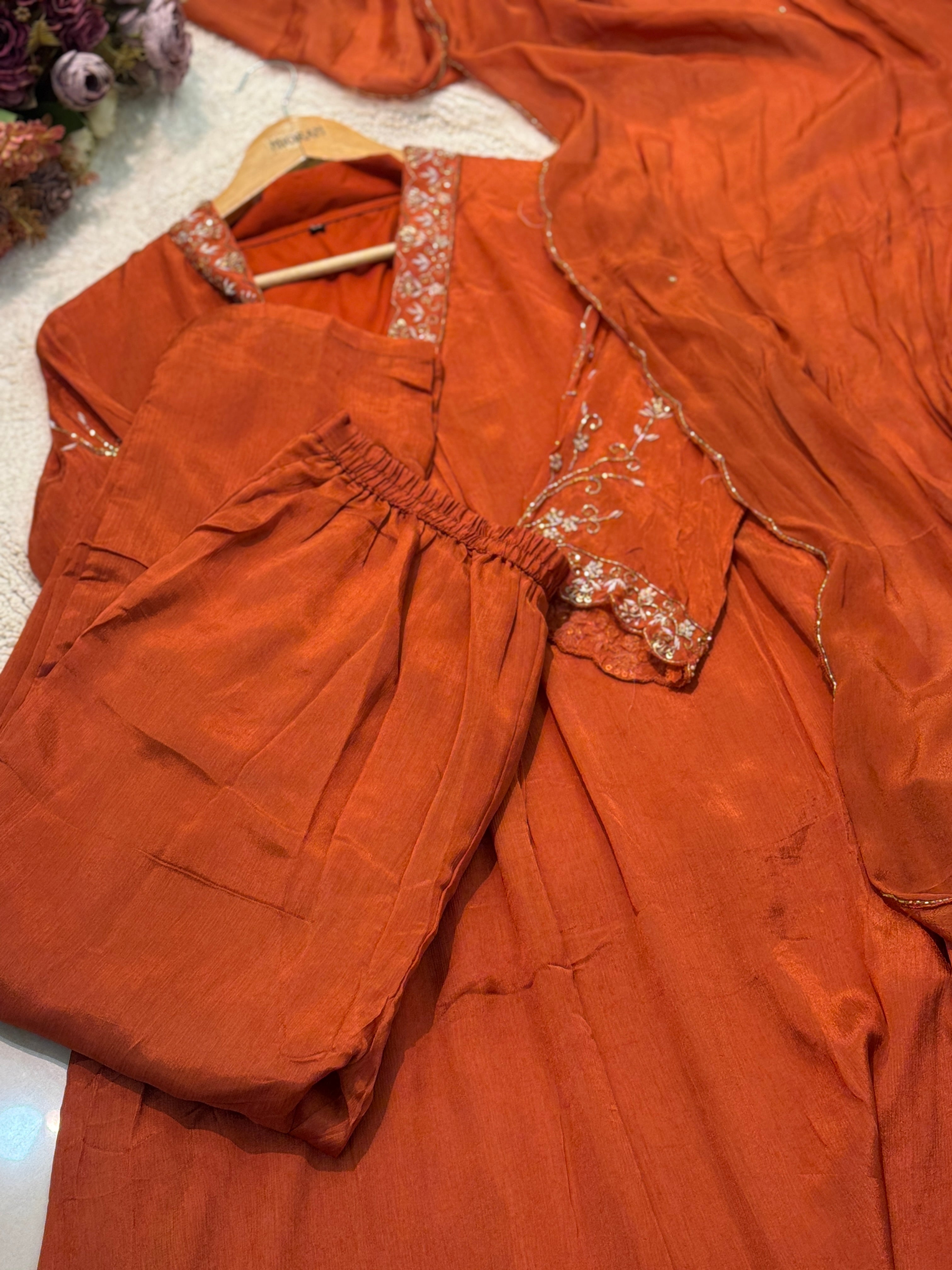 Premium hand worked aline kurta with pant and dupatta