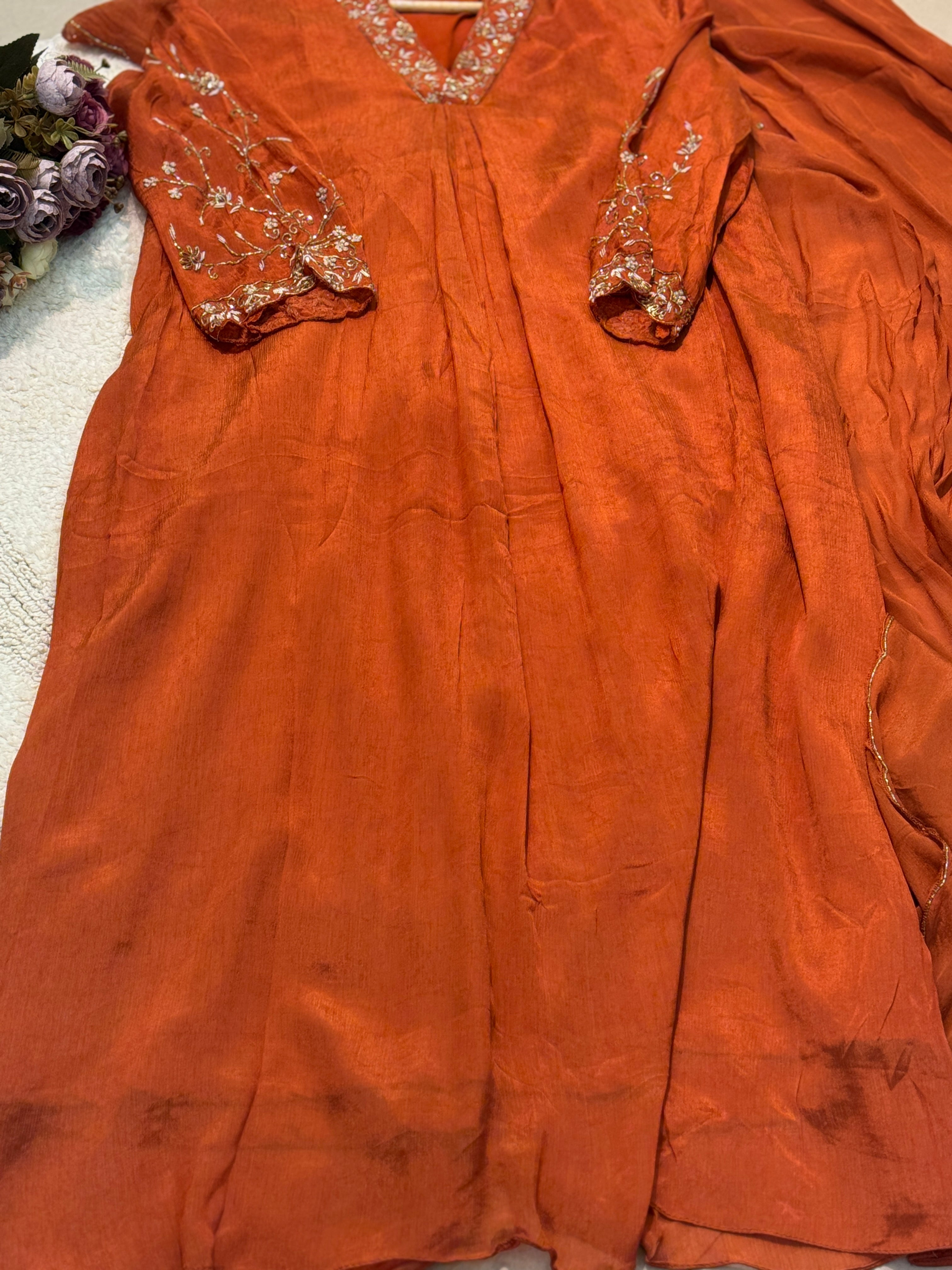 Premium hand worked aline kurta with pant and dupatta