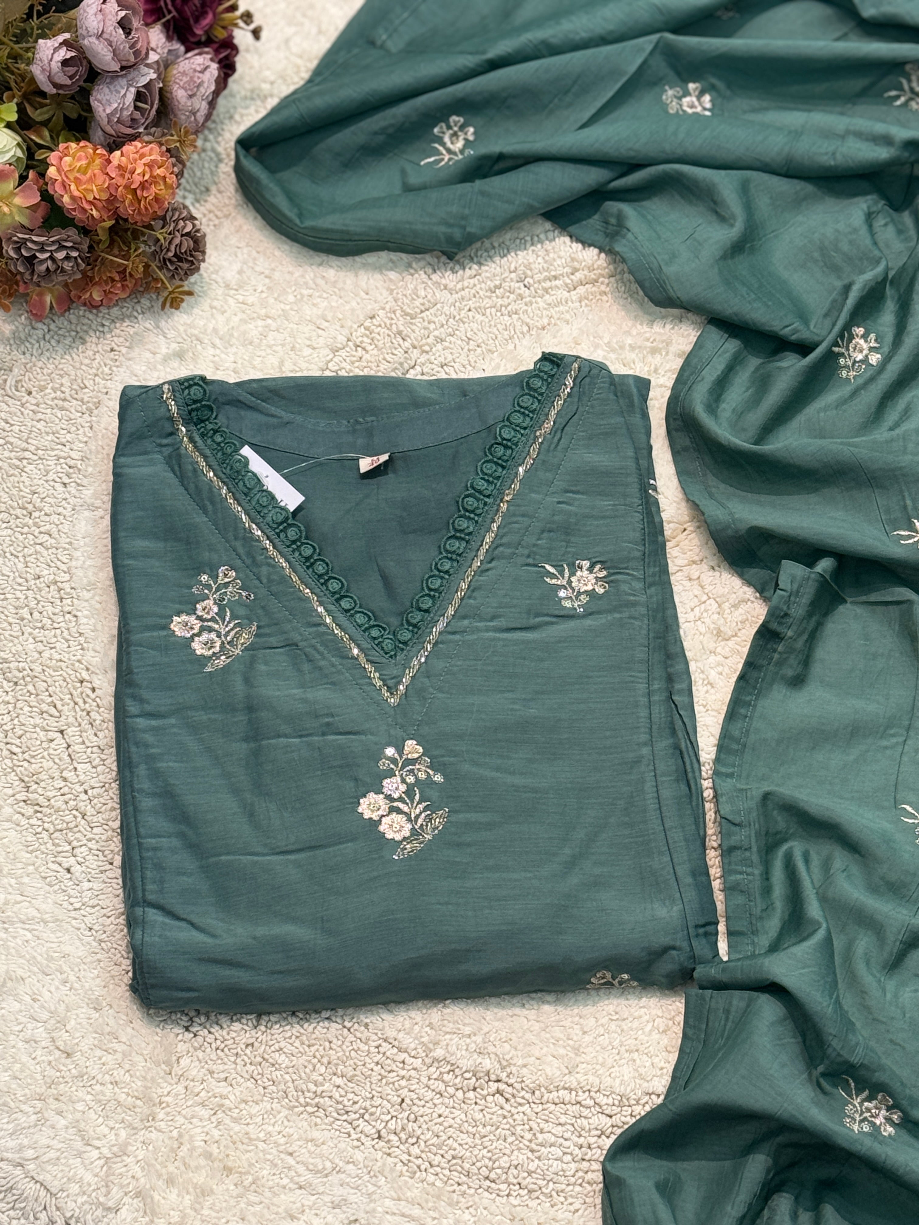 Mul chandheri aline kurta with pant and dupatta