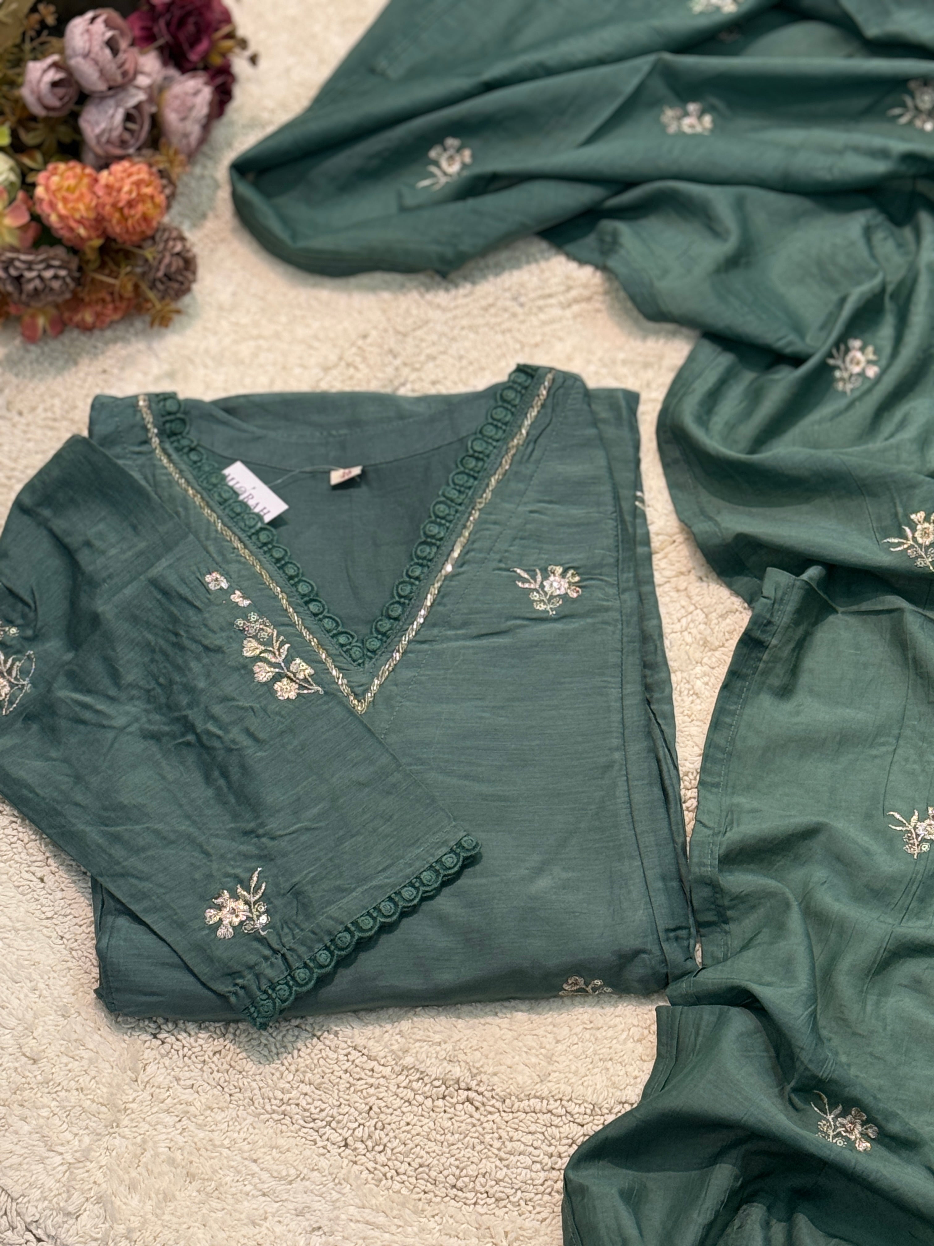 Mul chandheri aline kurta with pant and dupatta