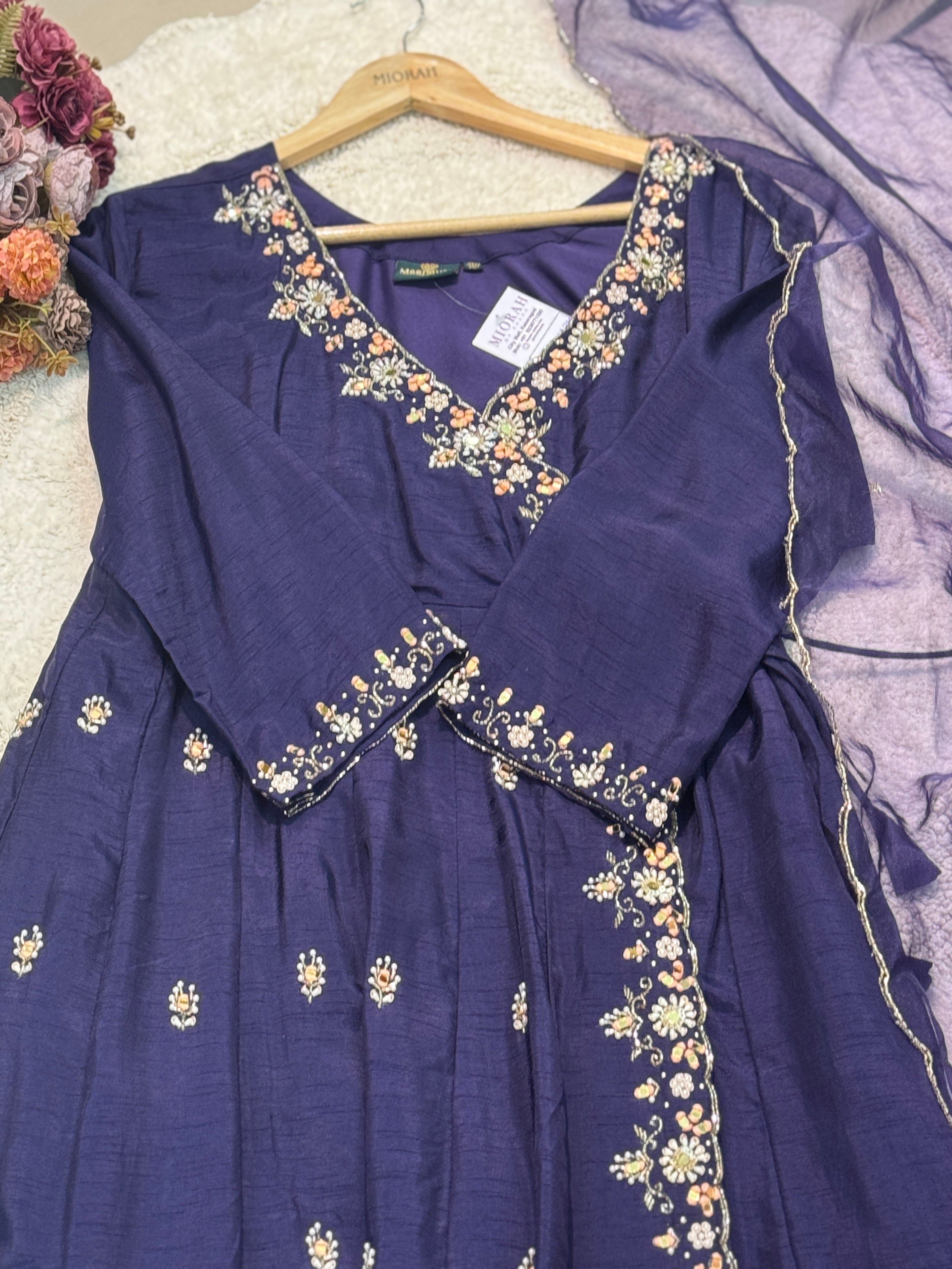 Premium dola silk hand worked Agarak model aline kurta with pant and dupatta