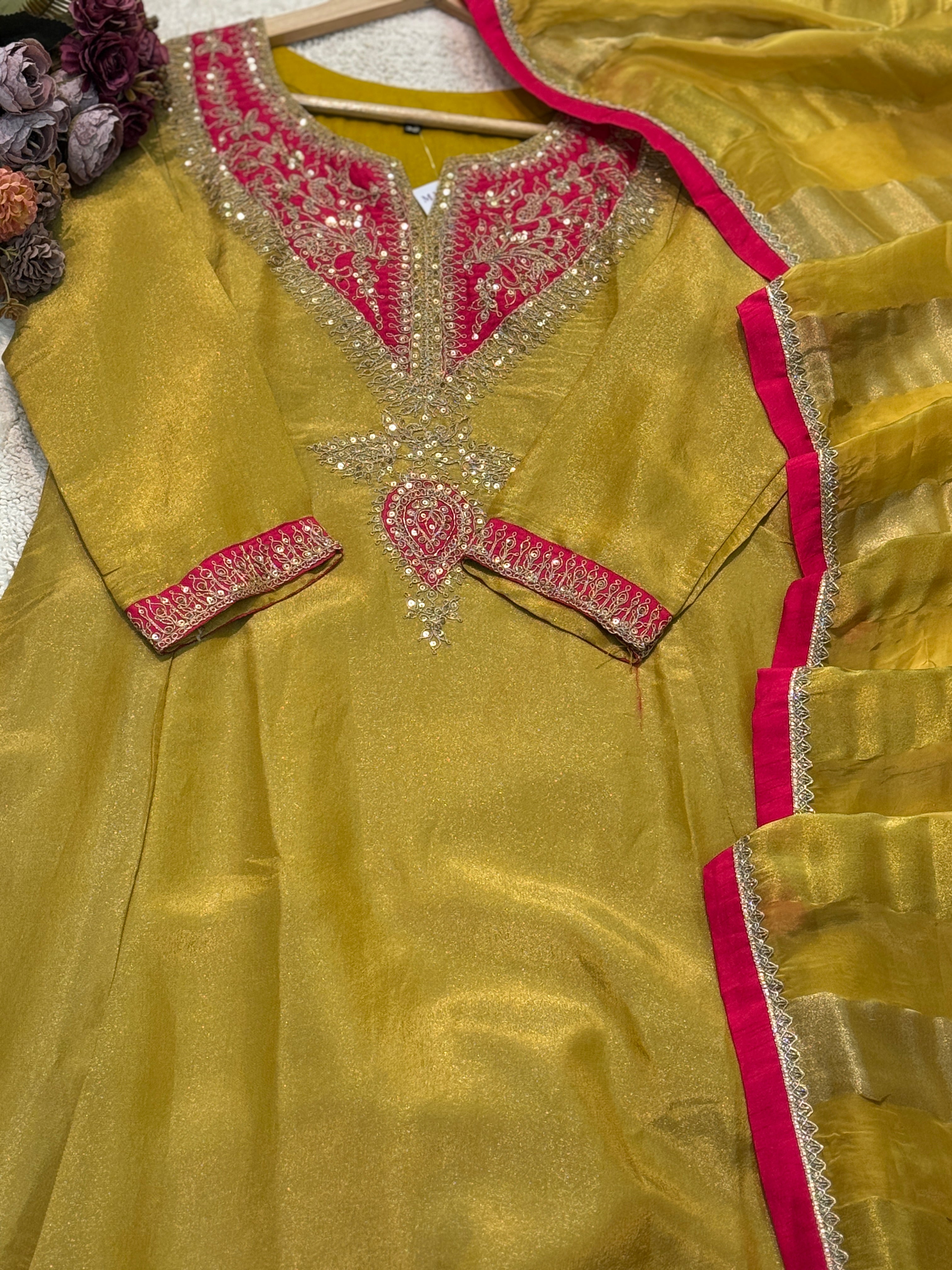 Premium Tissue aline kurta with pant and dupatta