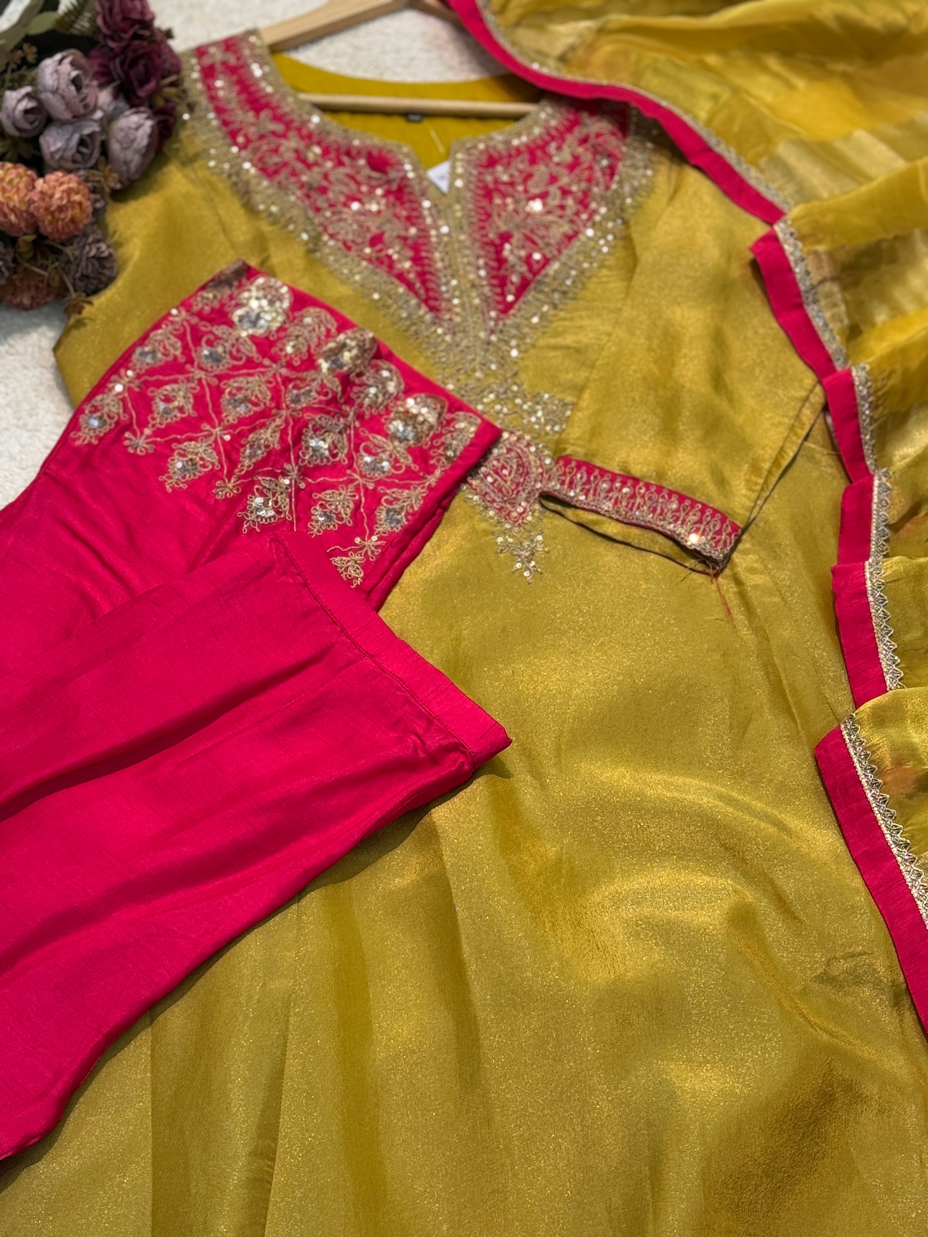 Premium Tissue aline kurta with pant and dupatta