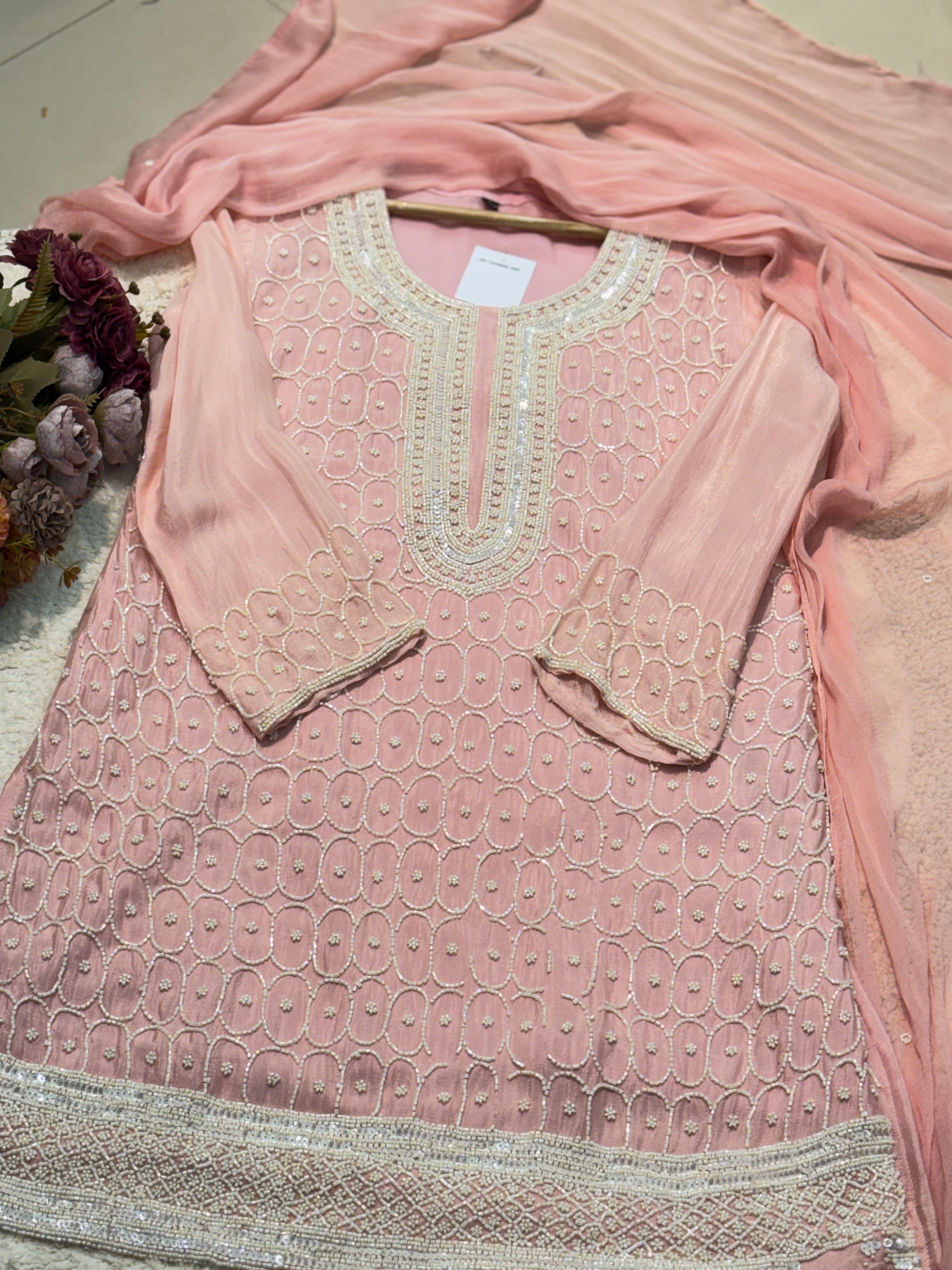 Premium chinon heavy hand worked kurta with palazzo pant and dupatta