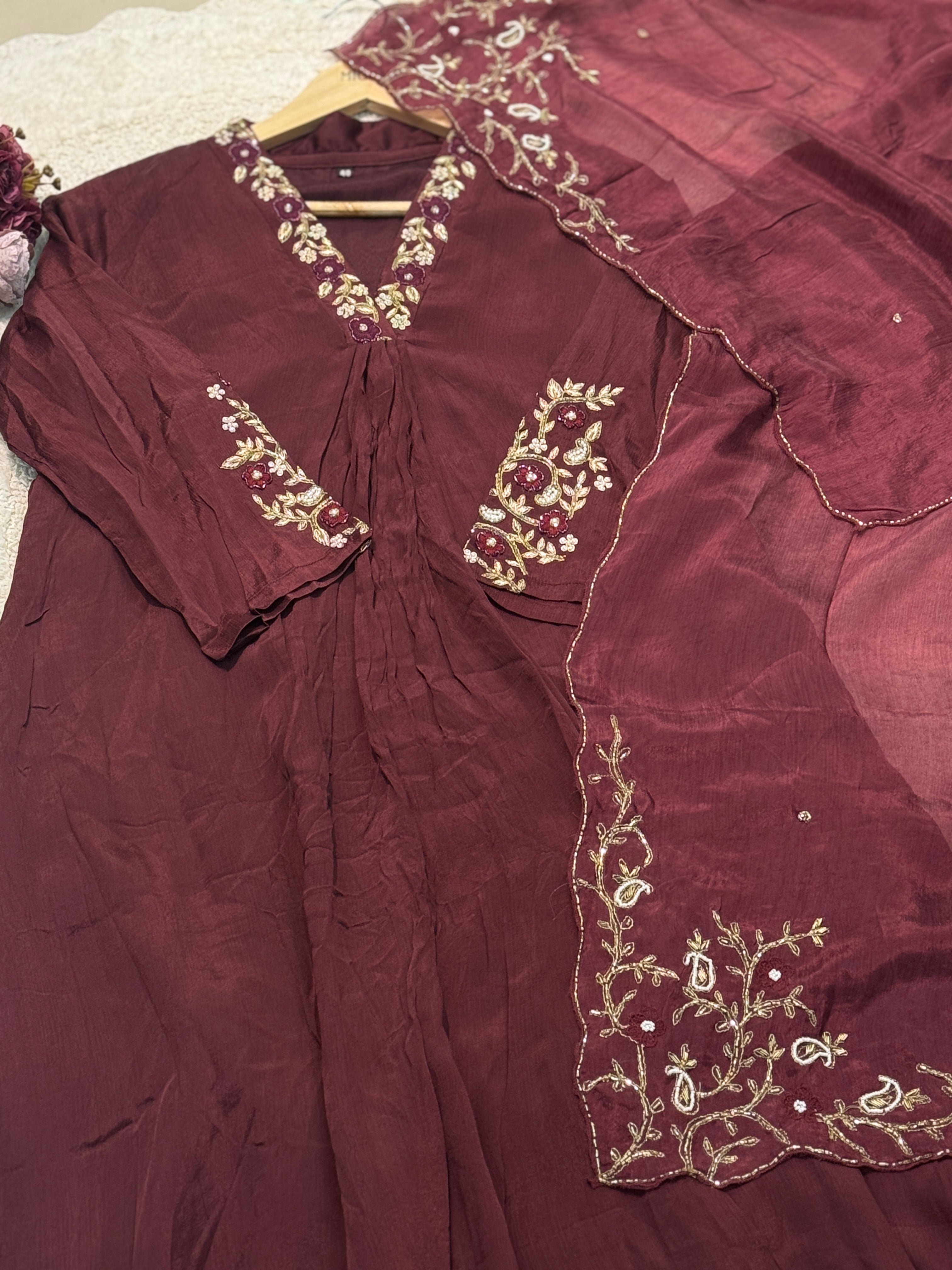 Premium chinon handwork aline kurta with pant and handworked dupatta