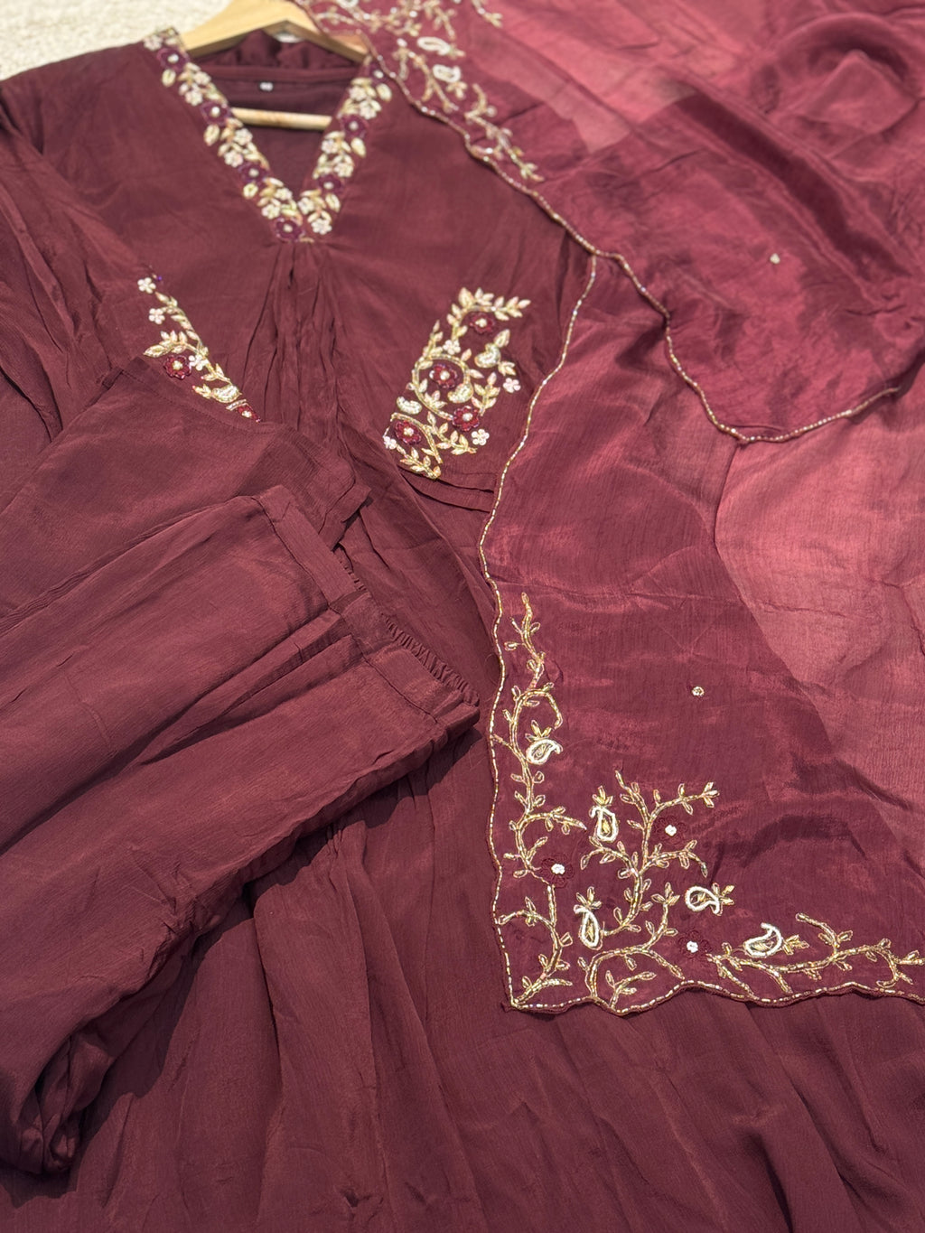 Premium chinon handwork aline kurta with pant and handworked dupatta