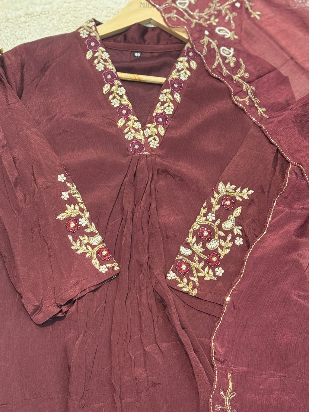 Premium chinon handwork aline kurta with pant and handworked dupatta