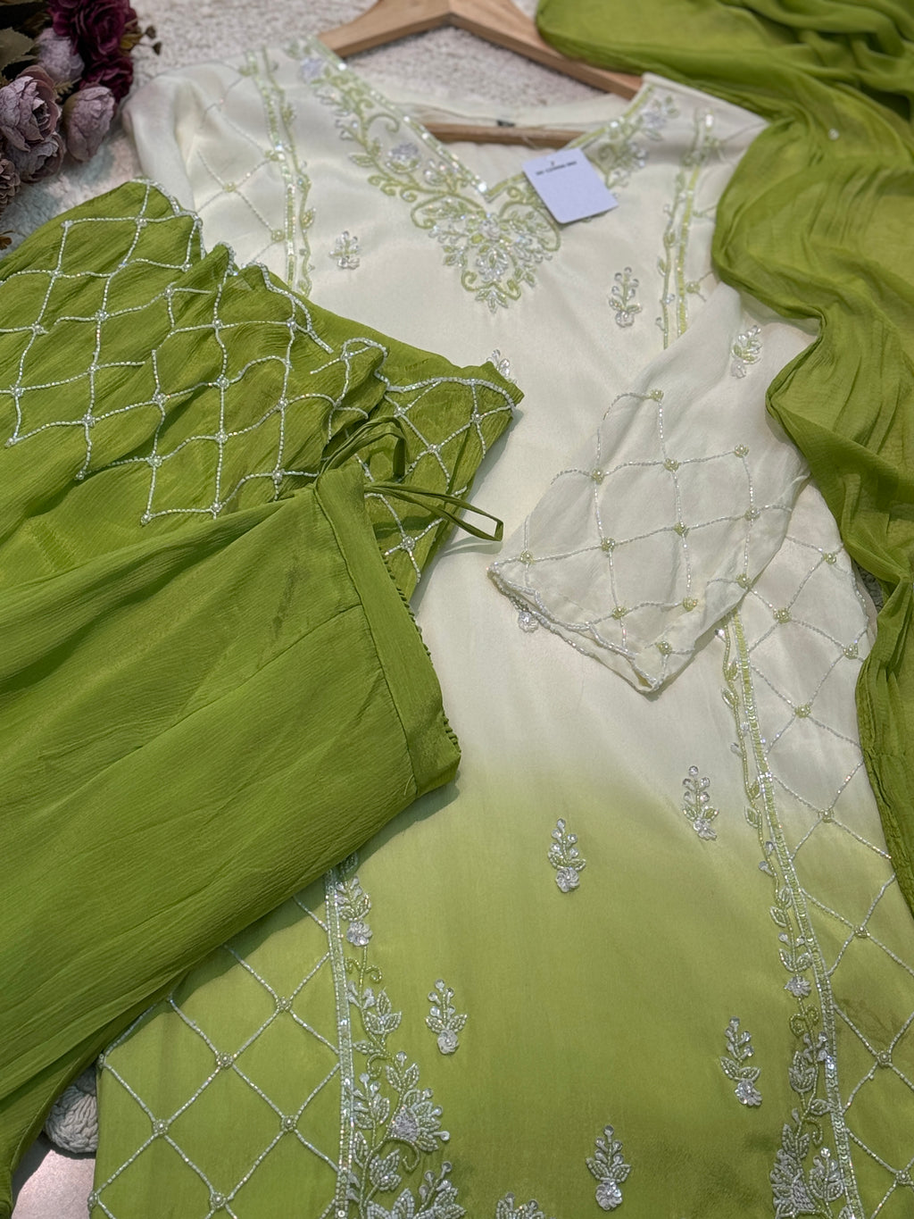 Premium chiffon heavy party wear with palazzo pants and dupatta