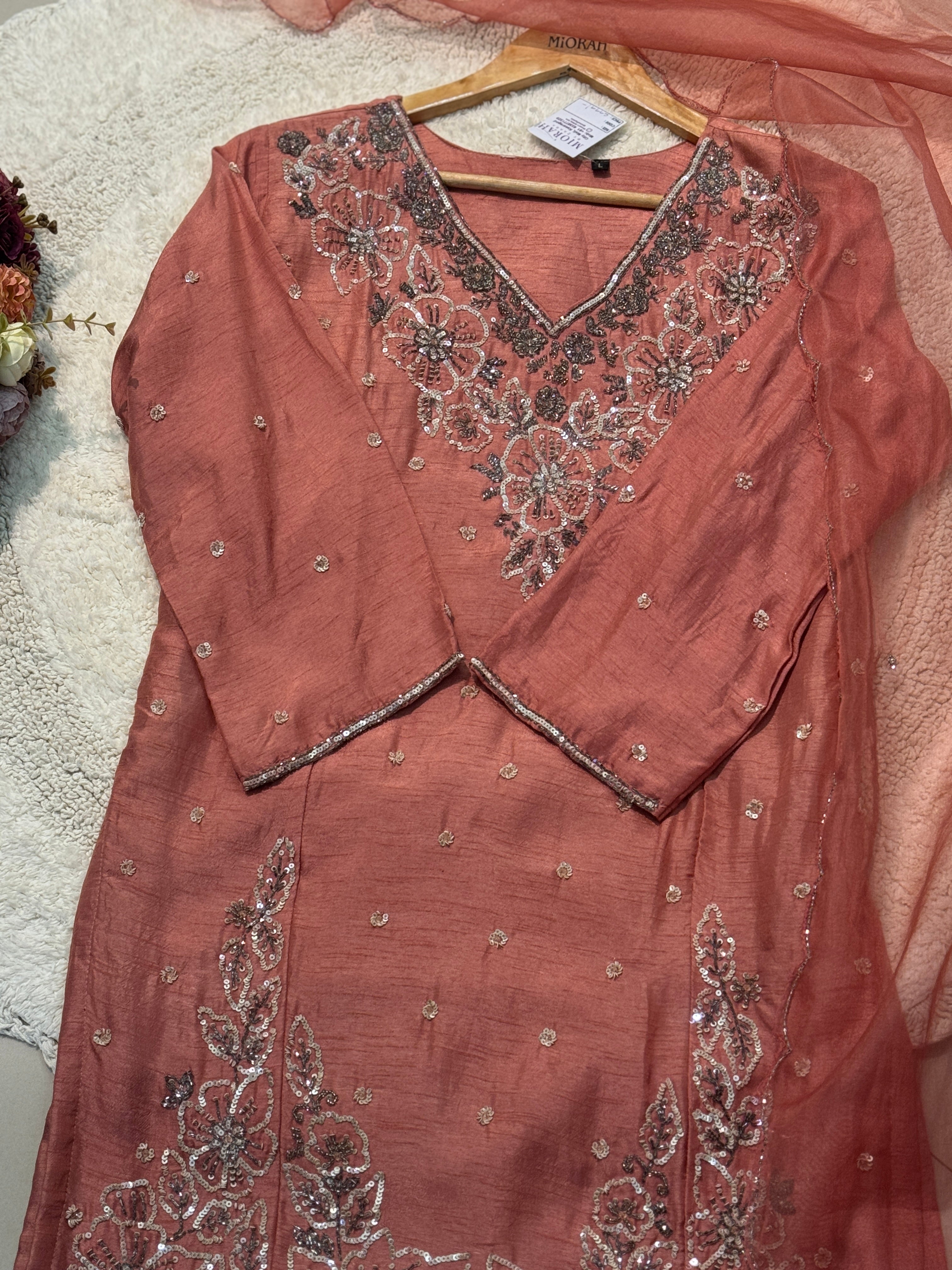 Premium dola silk hand worked side cut kurta with sharara pant and and dupatta