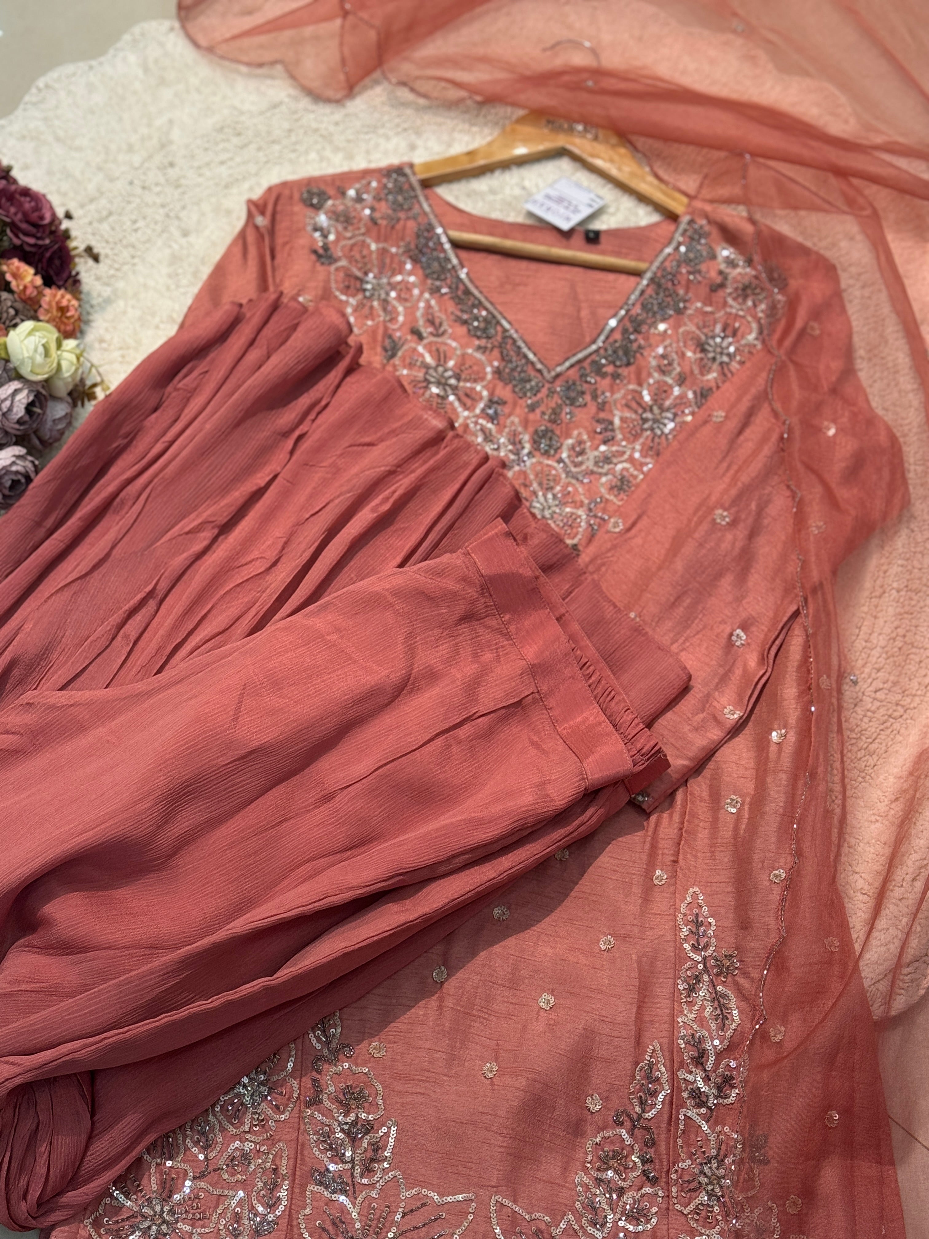 Premium dola silk hand worked side cut kurta with sharara pant and and dupatta