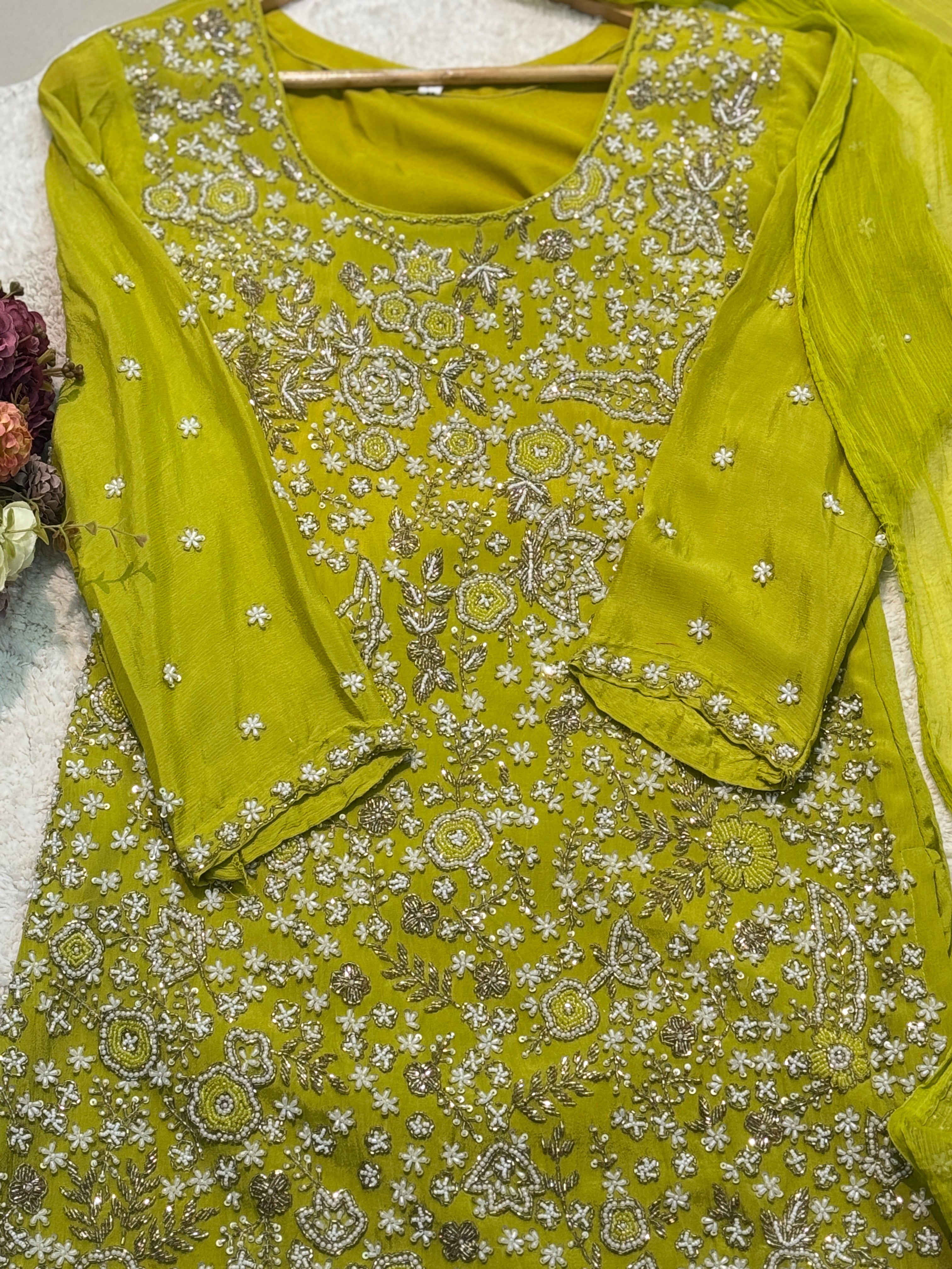 Premium  chinon Heavy hand worked side cut kurta with skirt palazzo and dupatta