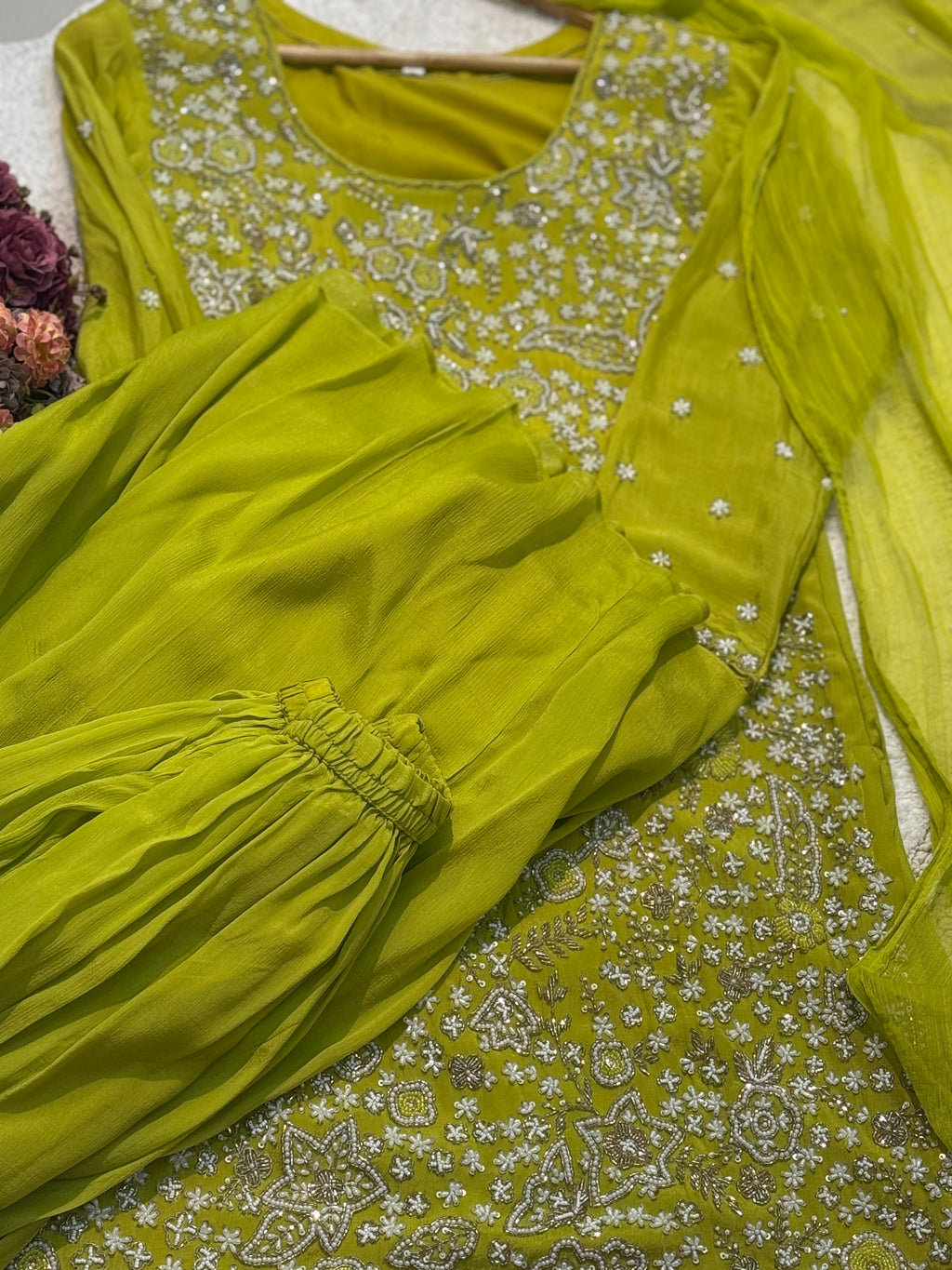 Premium  chinon Heavy hand worked side cut kurta with skirt palazzo and dupatta