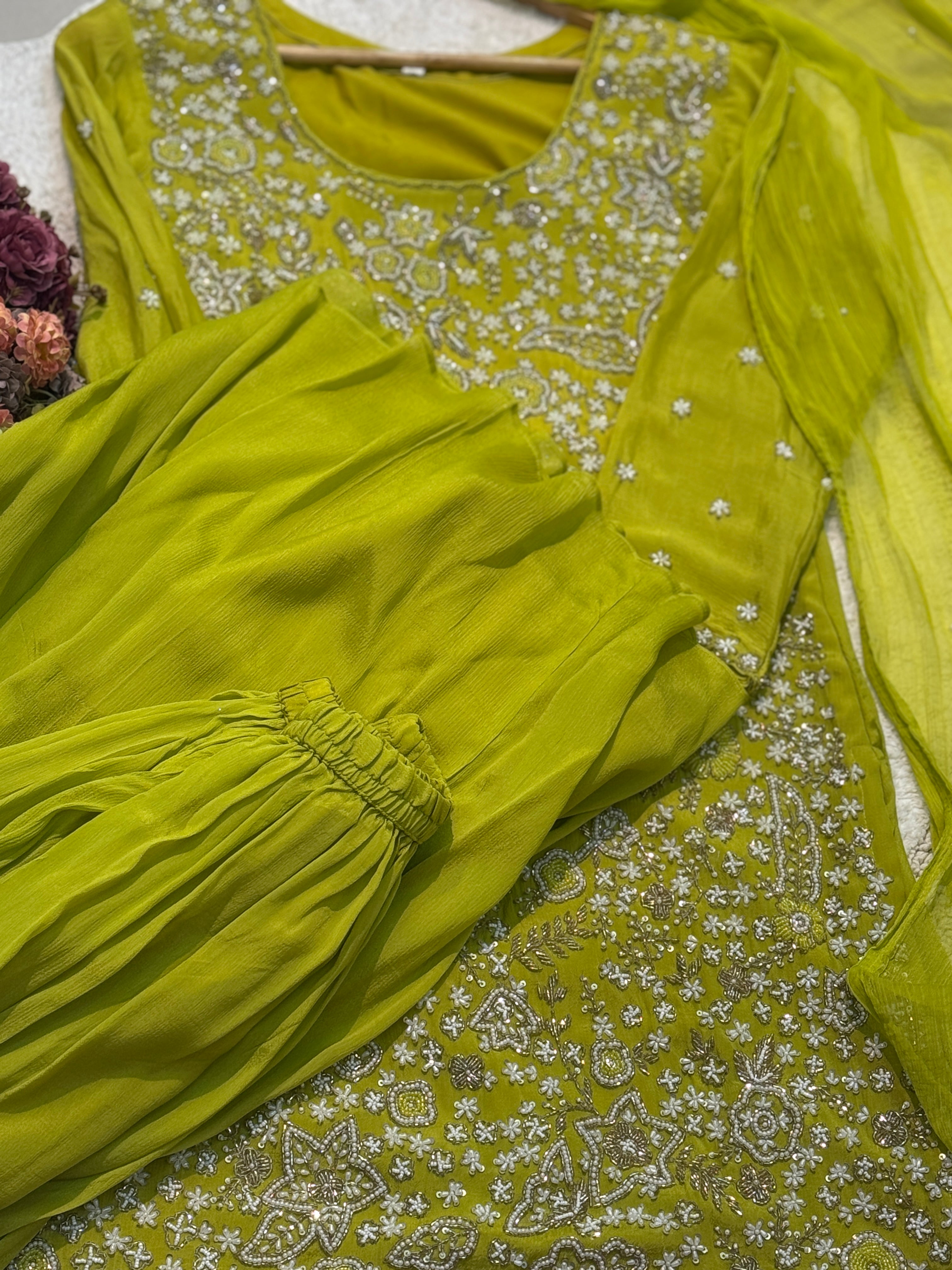 Premium  chinon Heavy hand worked side cut kurta with skirt palazzo and dupatta