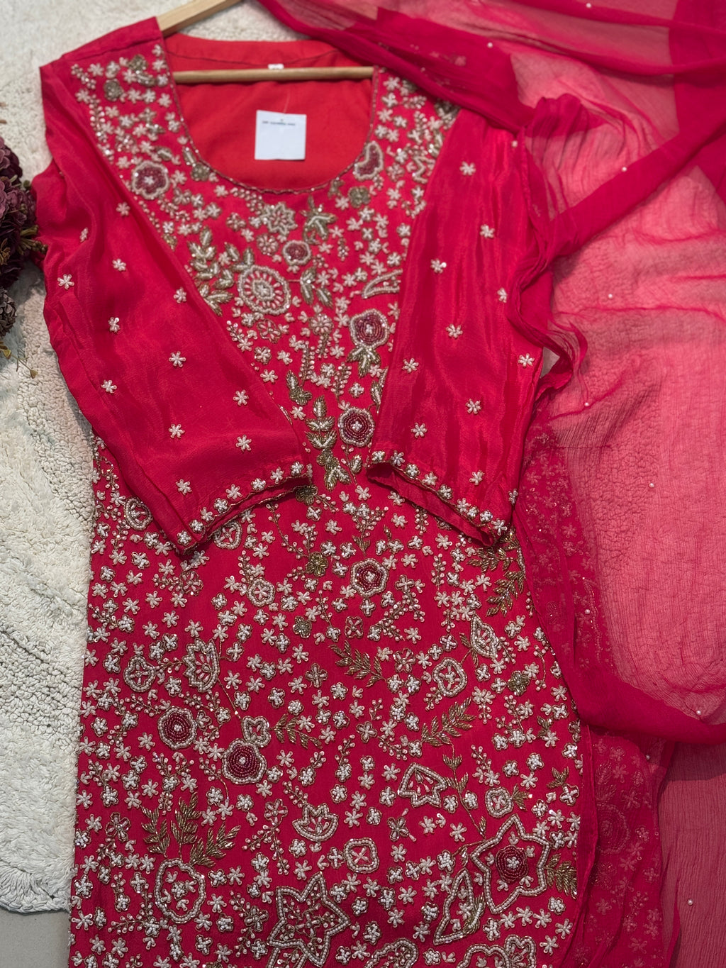 Premium  chinon Heavy hand worked side cut kurta with skirt palazzo and dupatta