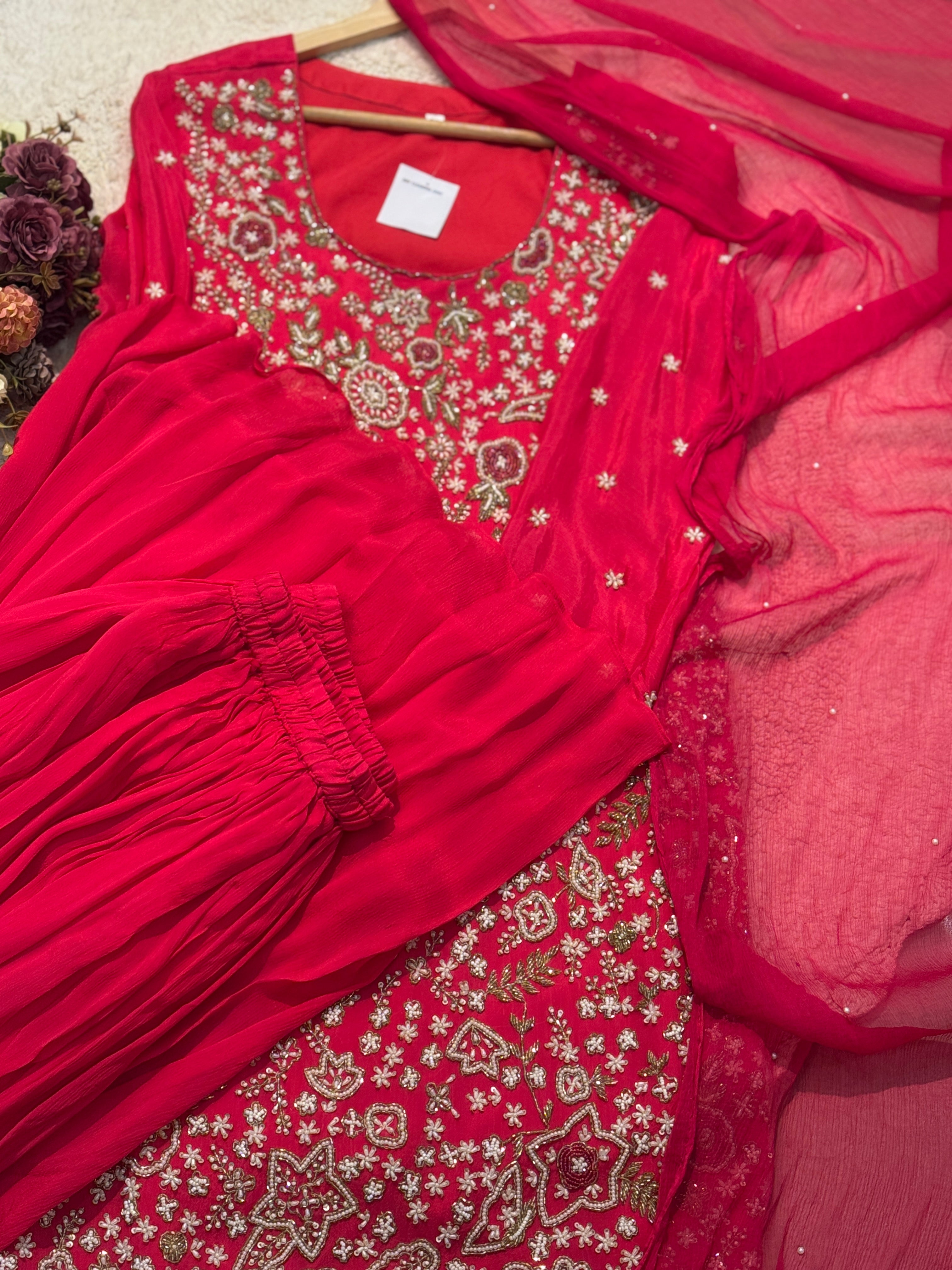 Premium  chinon Heavy hand worked side cut kurta with skirt palazzo and dupatta