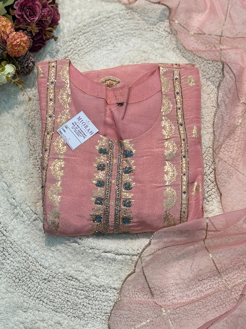 Tissue hand worked slit kurta with pant and dupatta