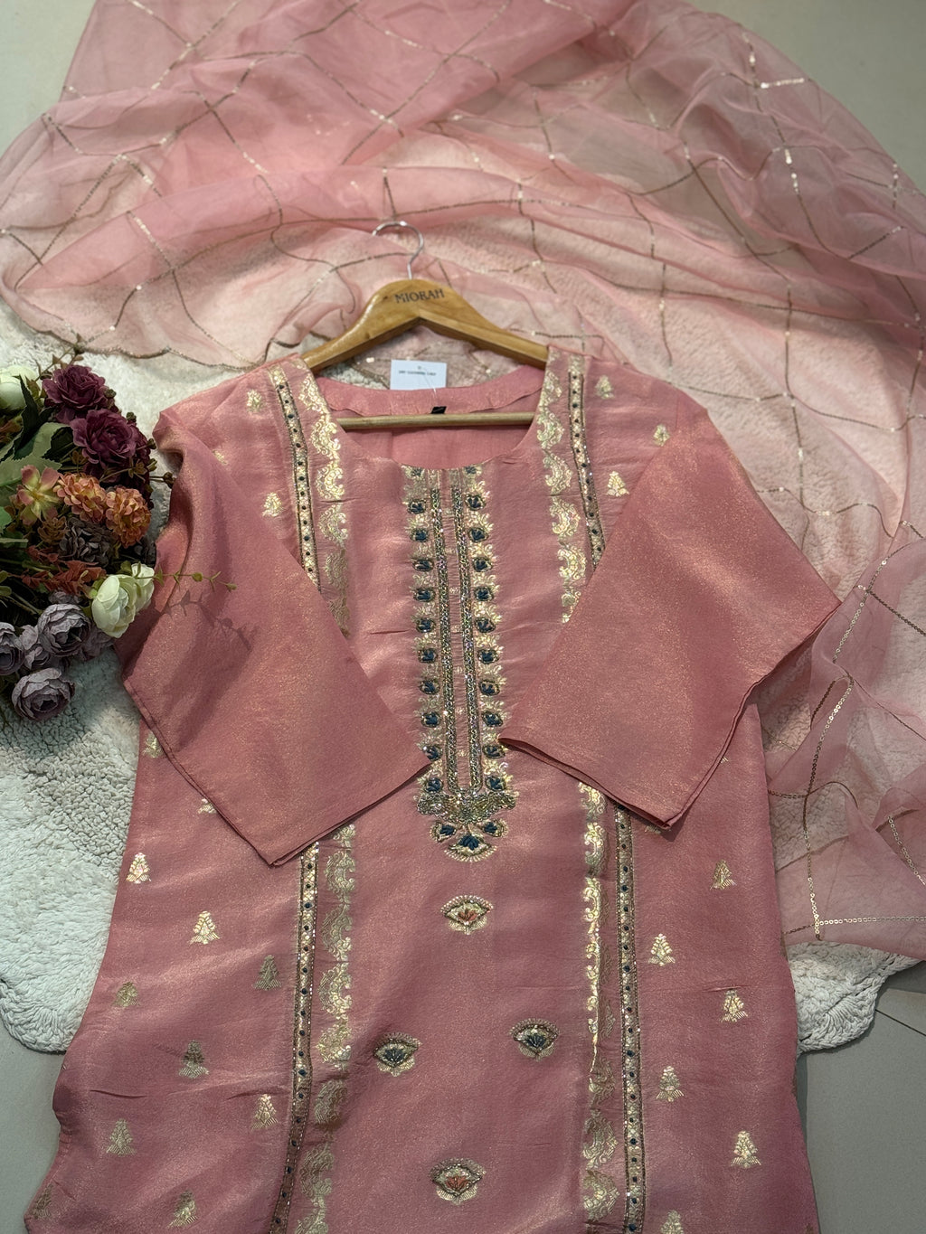 Tissue hand worked slit kurta with pant and dupatta