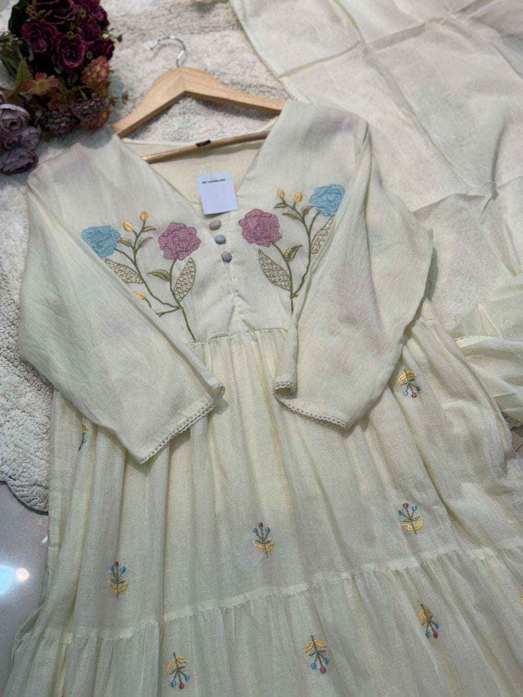 Mul cotton embroidery aline kurta with  pant and dupatta