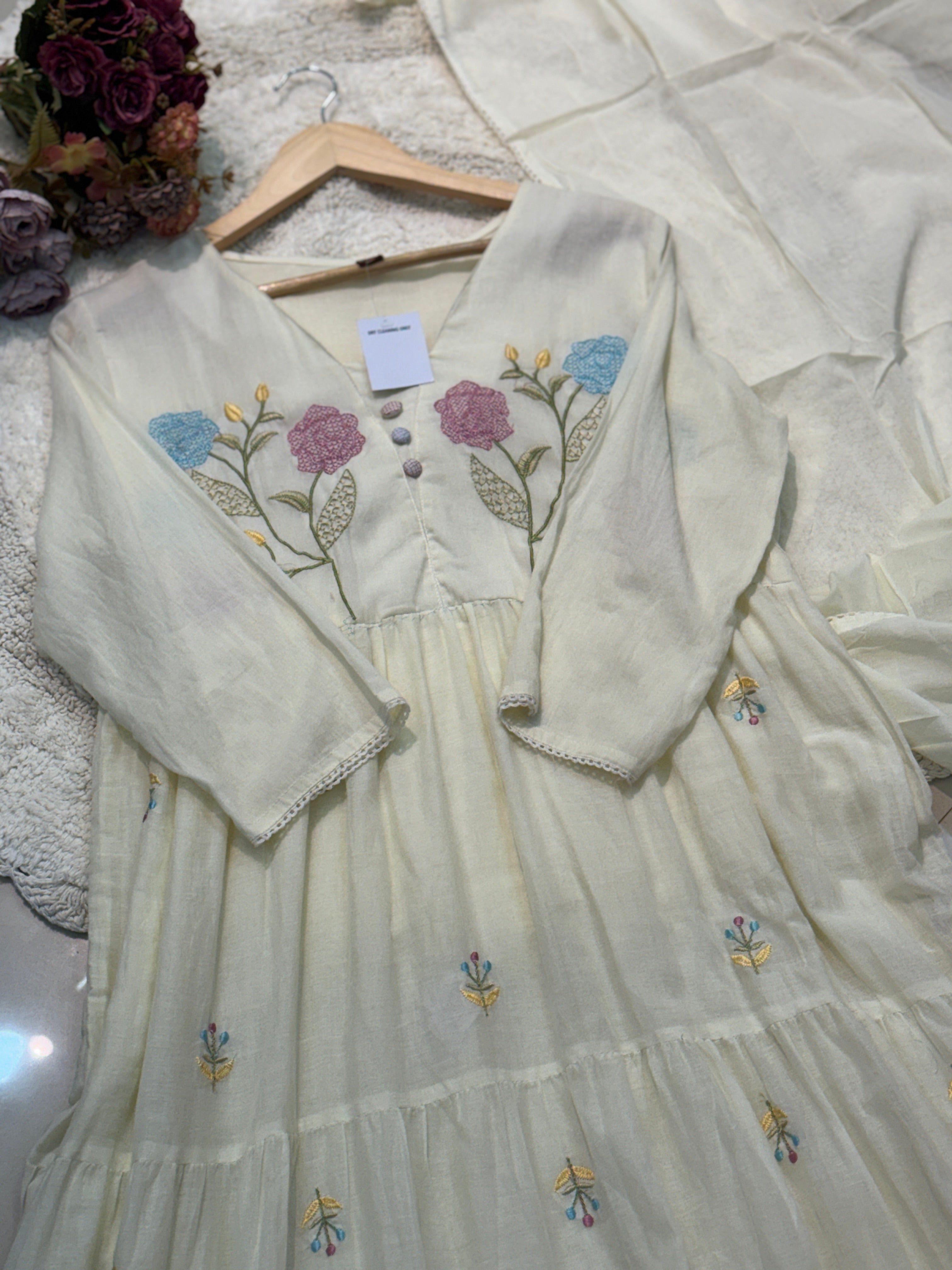Mul cotton embroidery aline kurta with  pant and dupatta