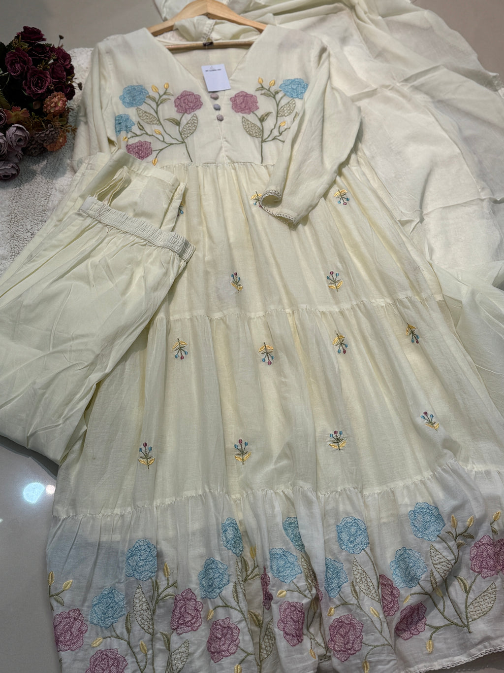 Mul cotton embroidery aline kurta with  pant and dupatta