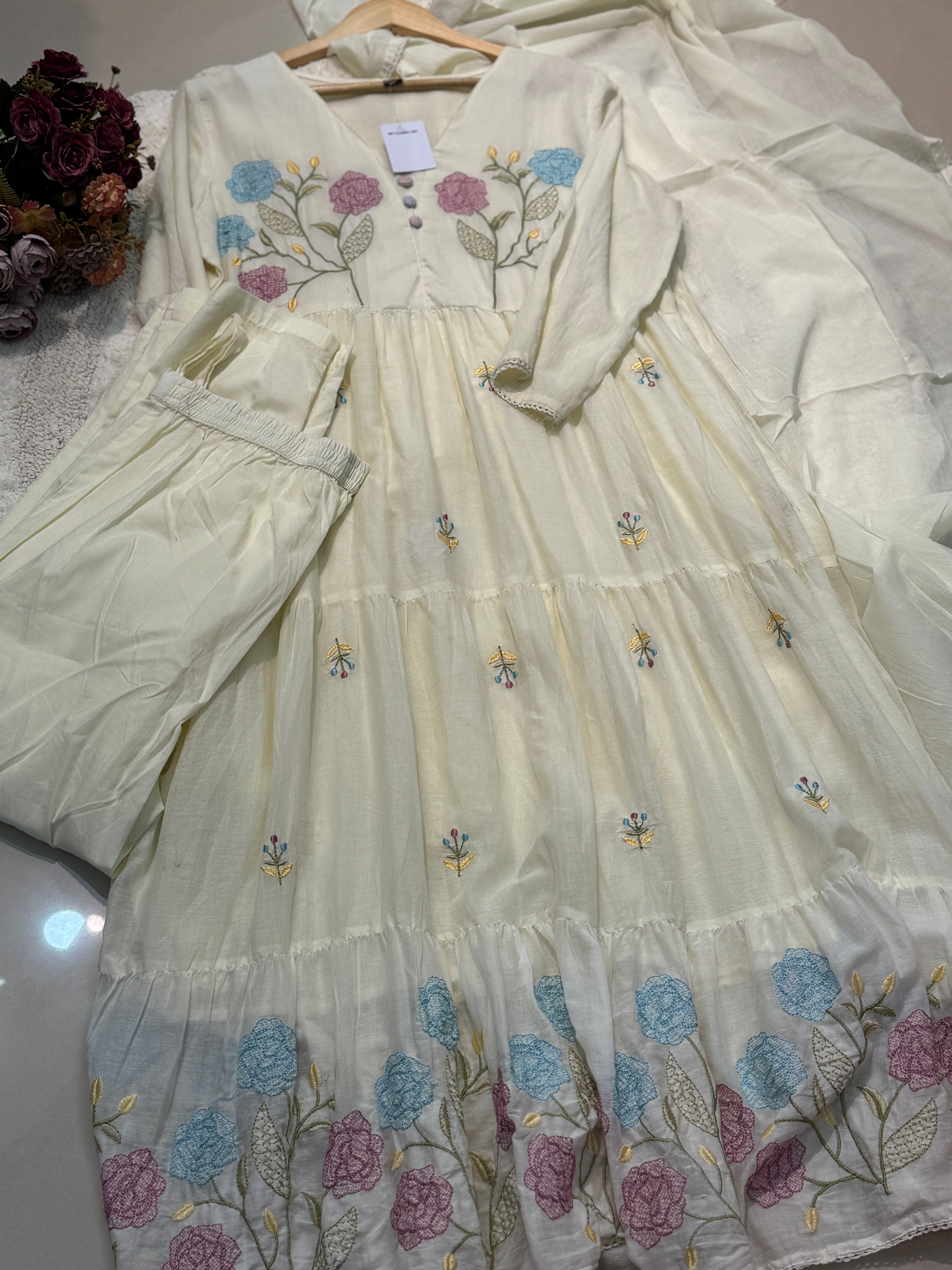 Mul cotton embroidery aline kurta with  pant and dupatta