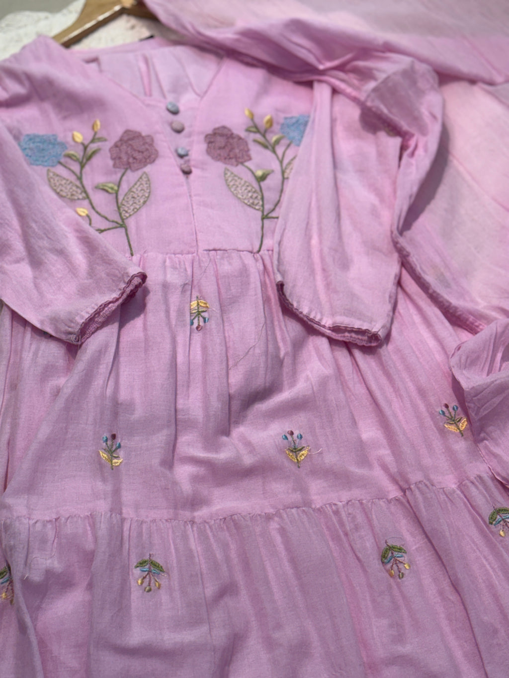 Mul cotton embroidery aline kurta with  pant and dupatta