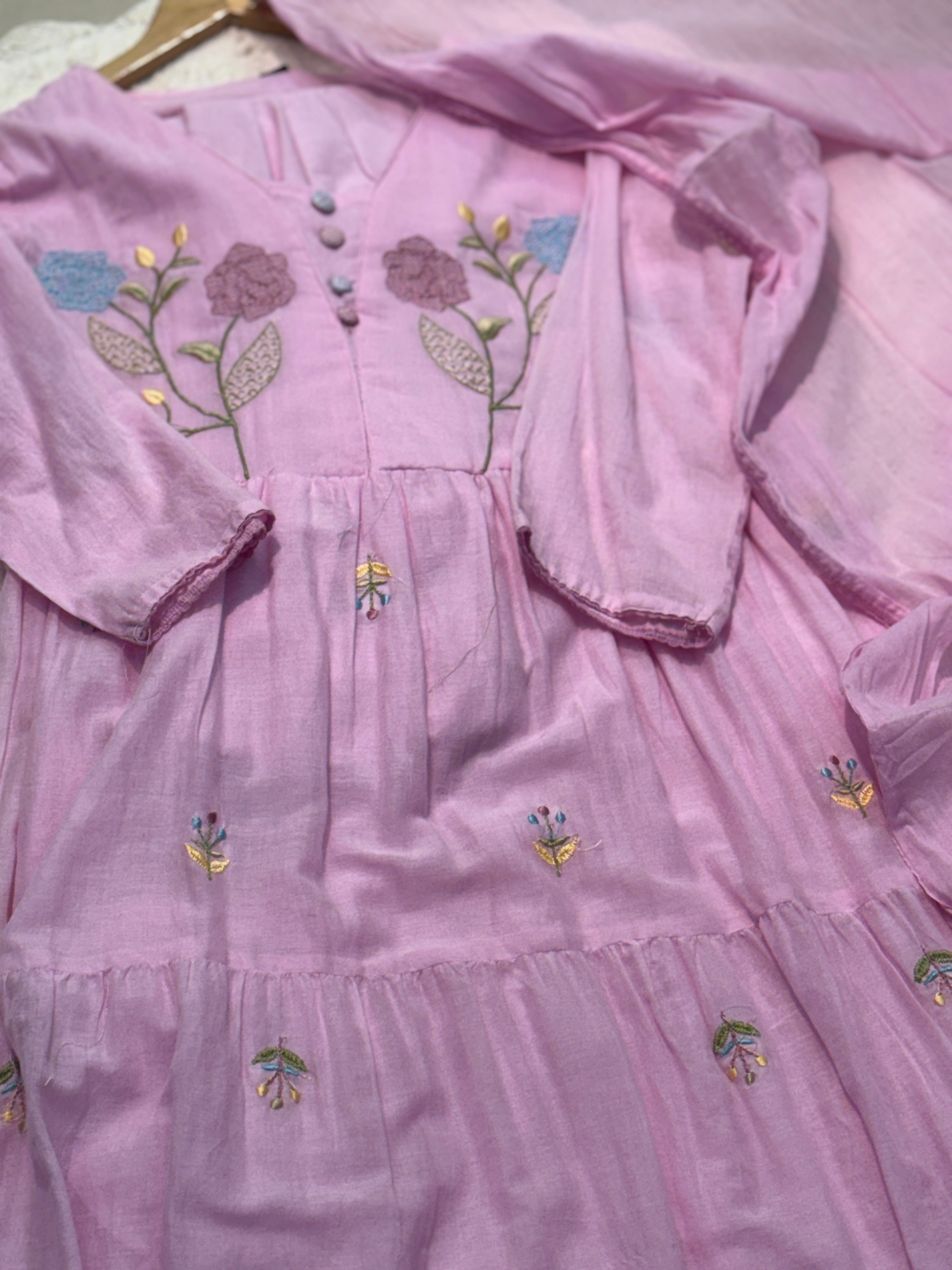 Mul cotton embroidery aline kurta with  pant and dupatta
