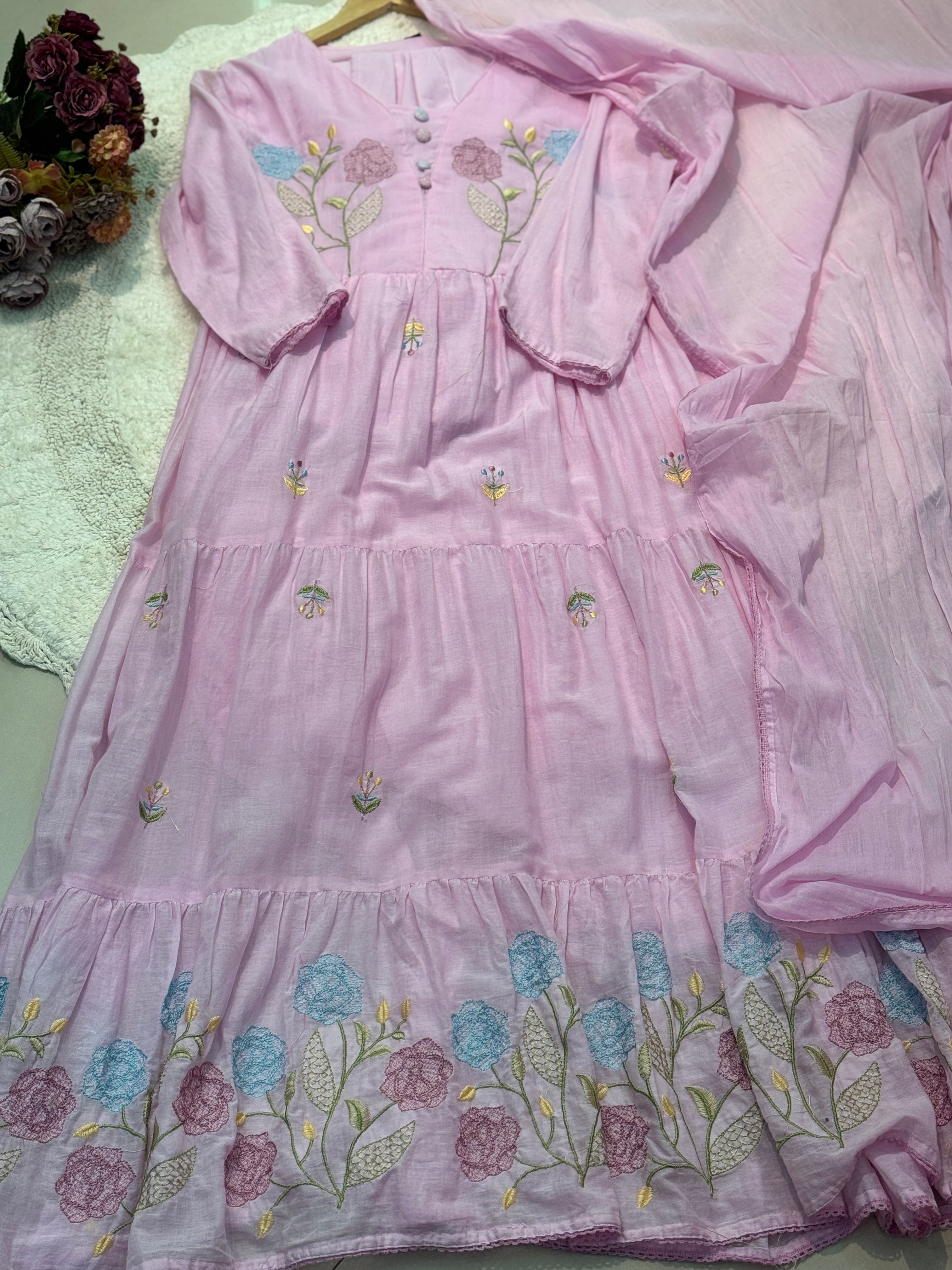 Mul cotton embroidery aline kurta with  pant and dupatta