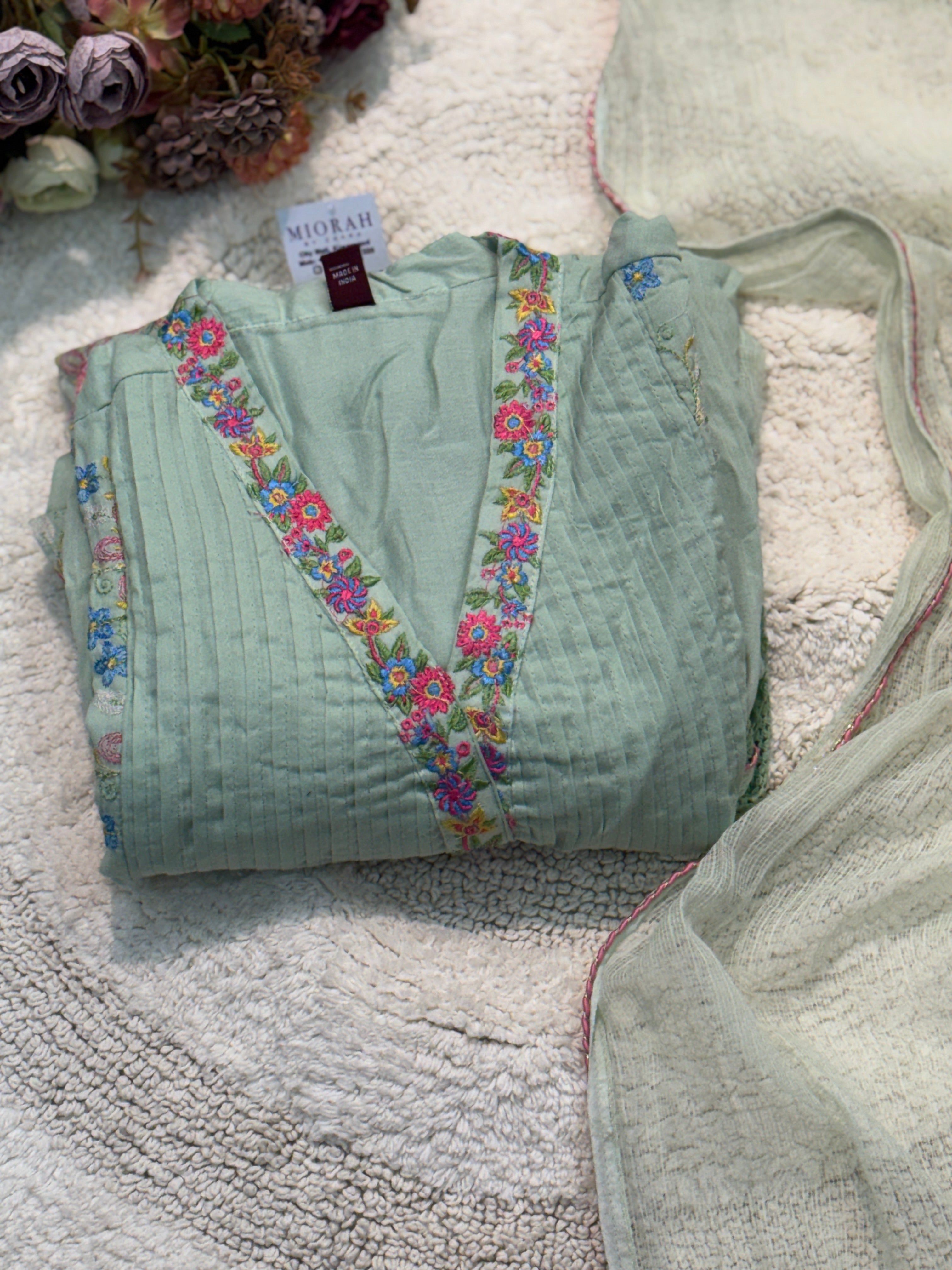 Mul cotton embroidery aline kurta with pant and dupatta