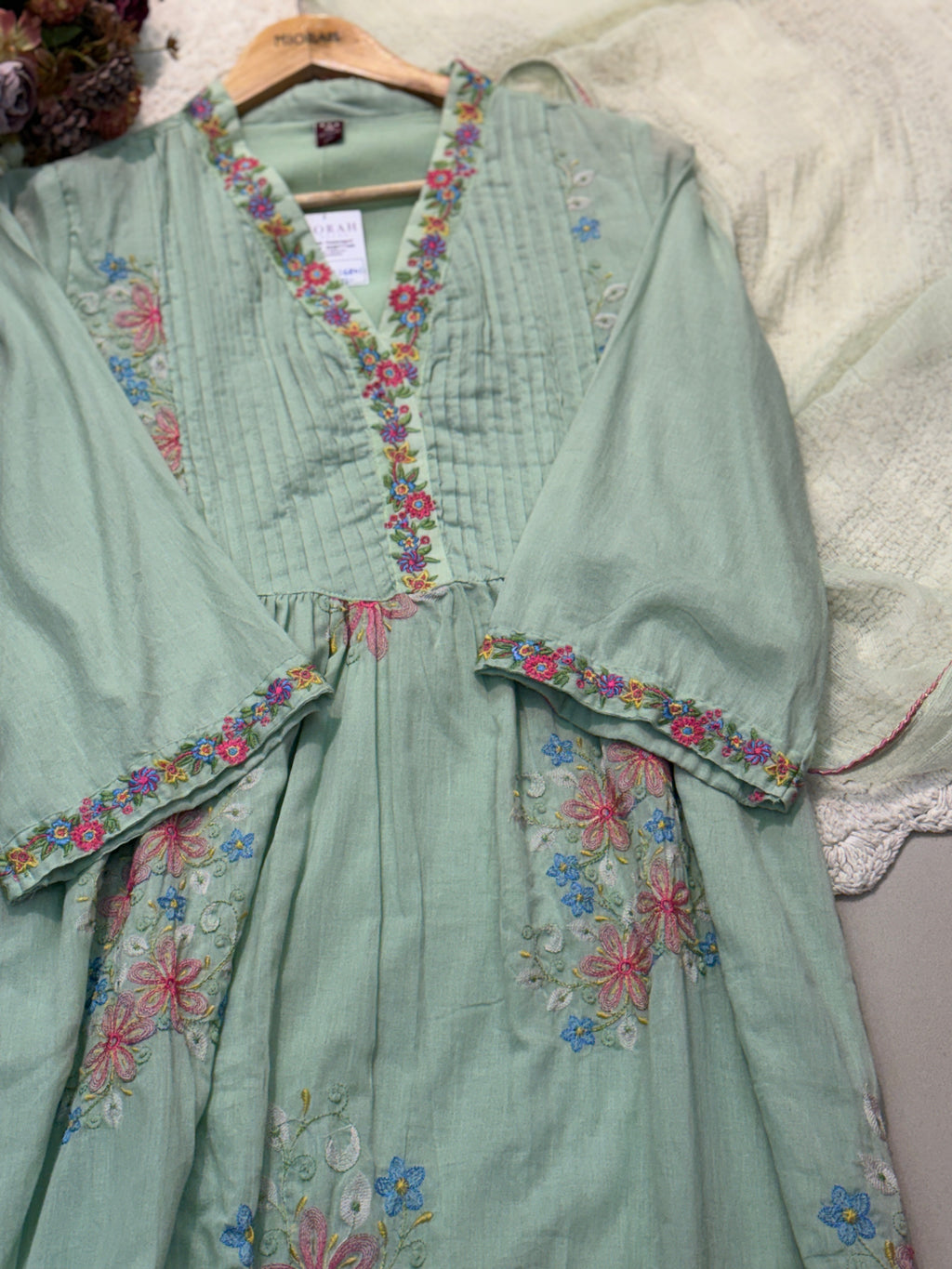 Mul cotton embroidery aline kurta with pant and dupatta