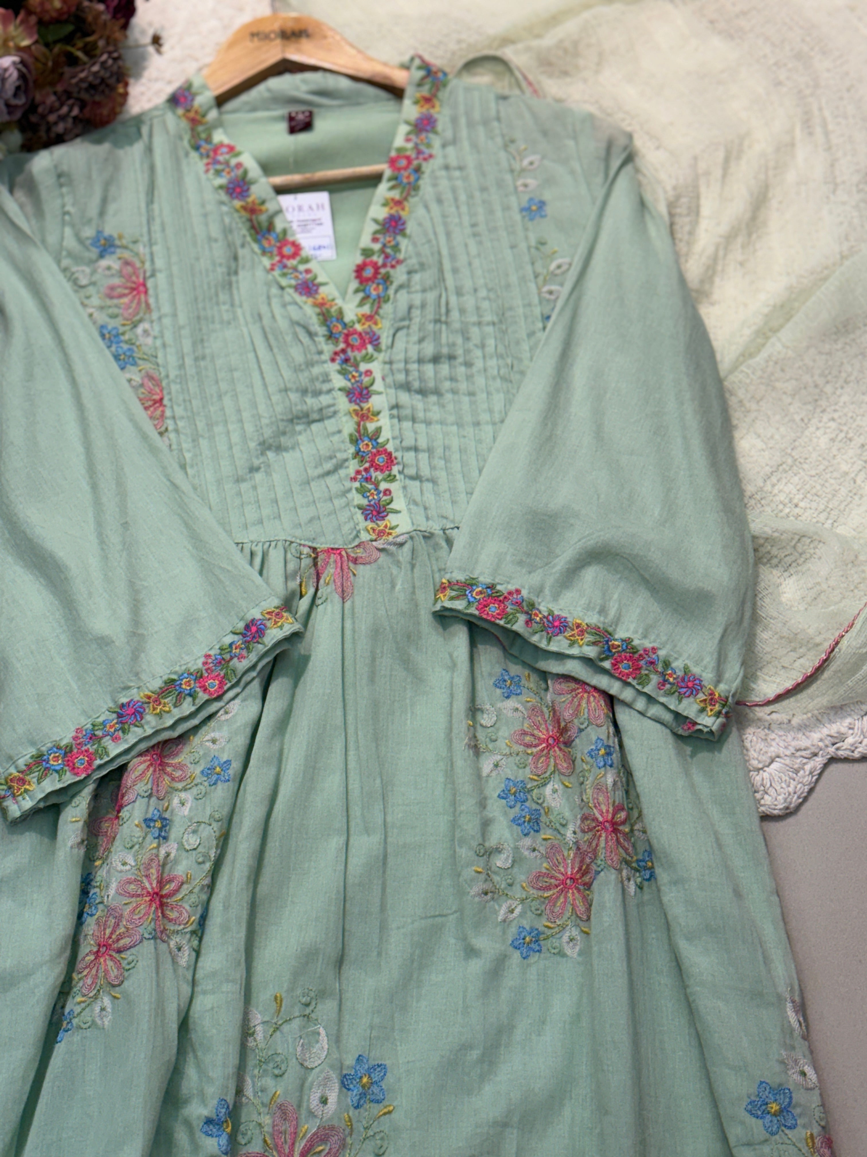 Mul cotton embroidery aline kurta with pant and dupatta