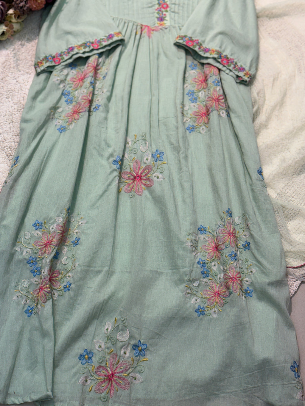 Mul cotton embroidery aline kurta with pant and dupatta