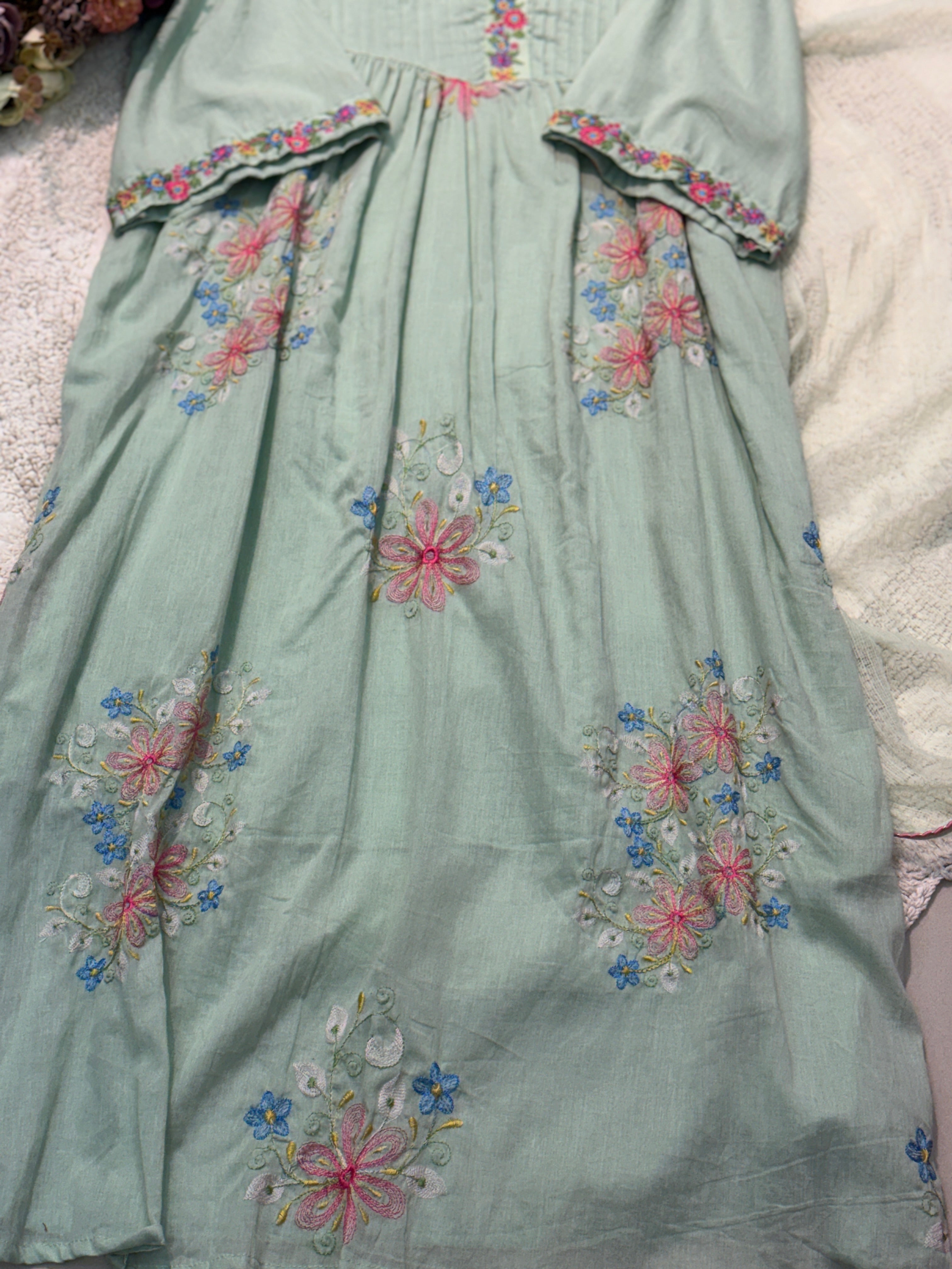 Mul cotton embroidery aline kurta with pant and dupatta