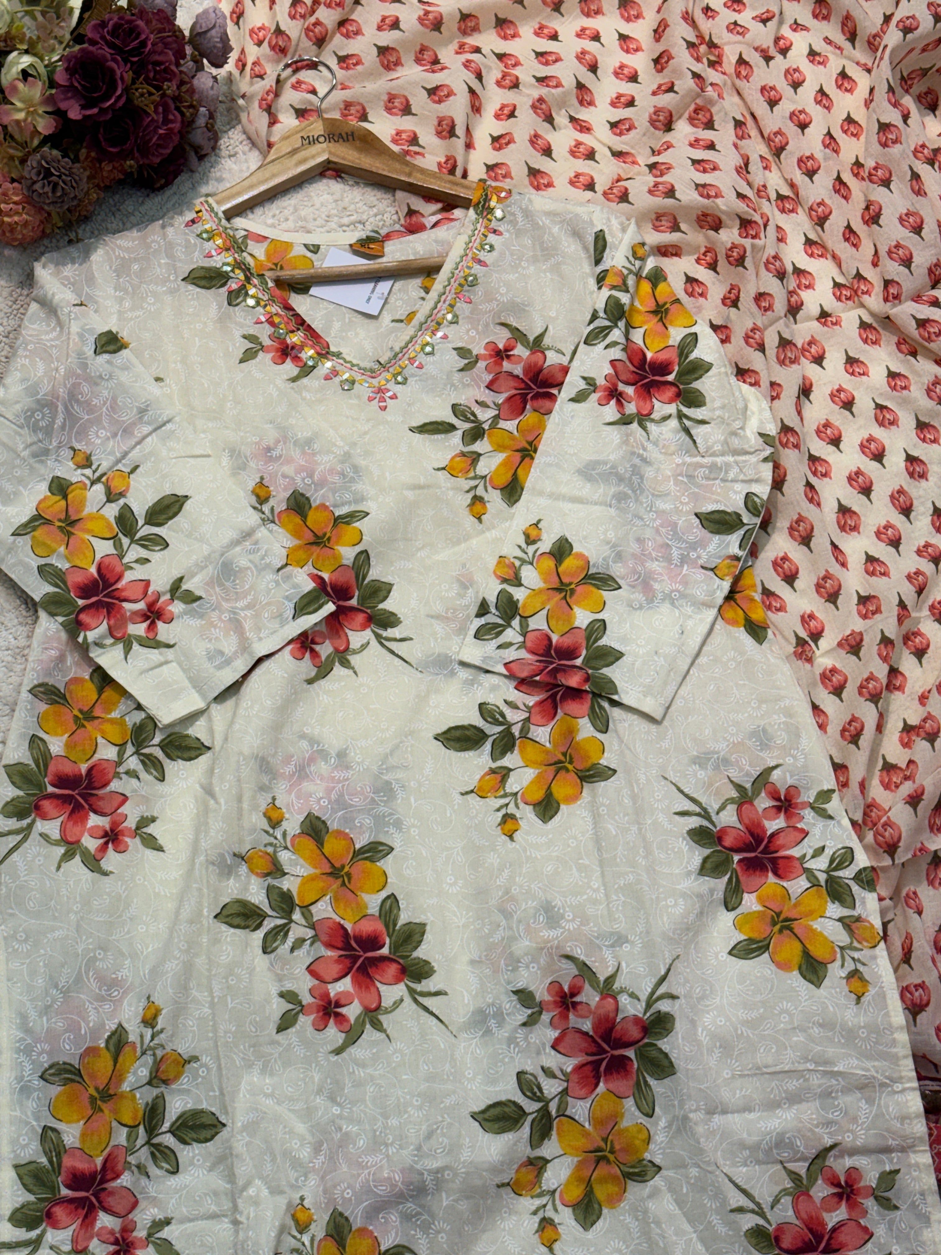 Cotton side cut kurta with pant and dupatta