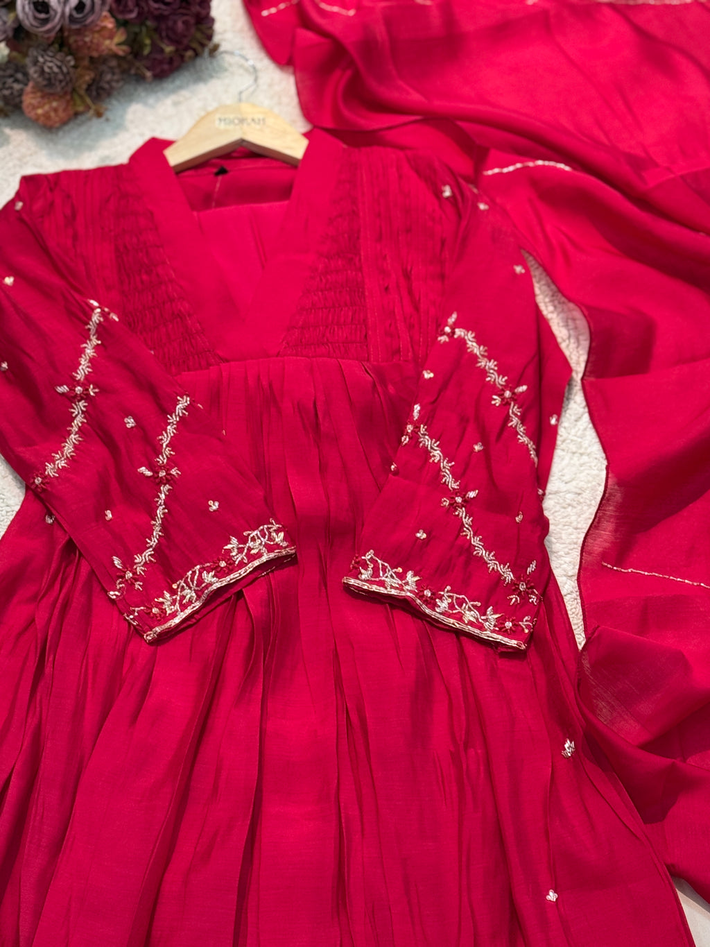 Premium mul chandheri handworked aline suits