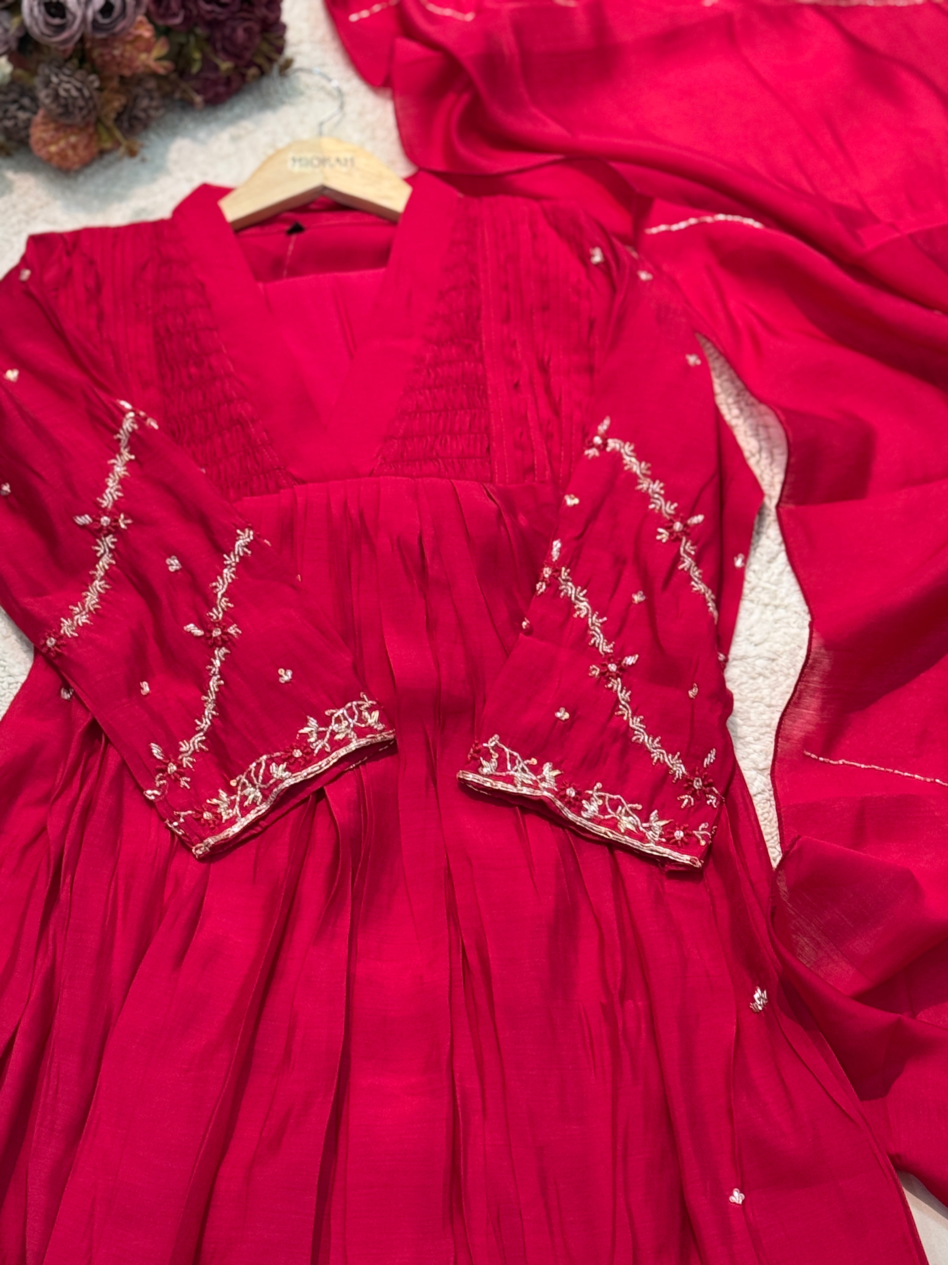 Premium mul chandheri handworked aline suits