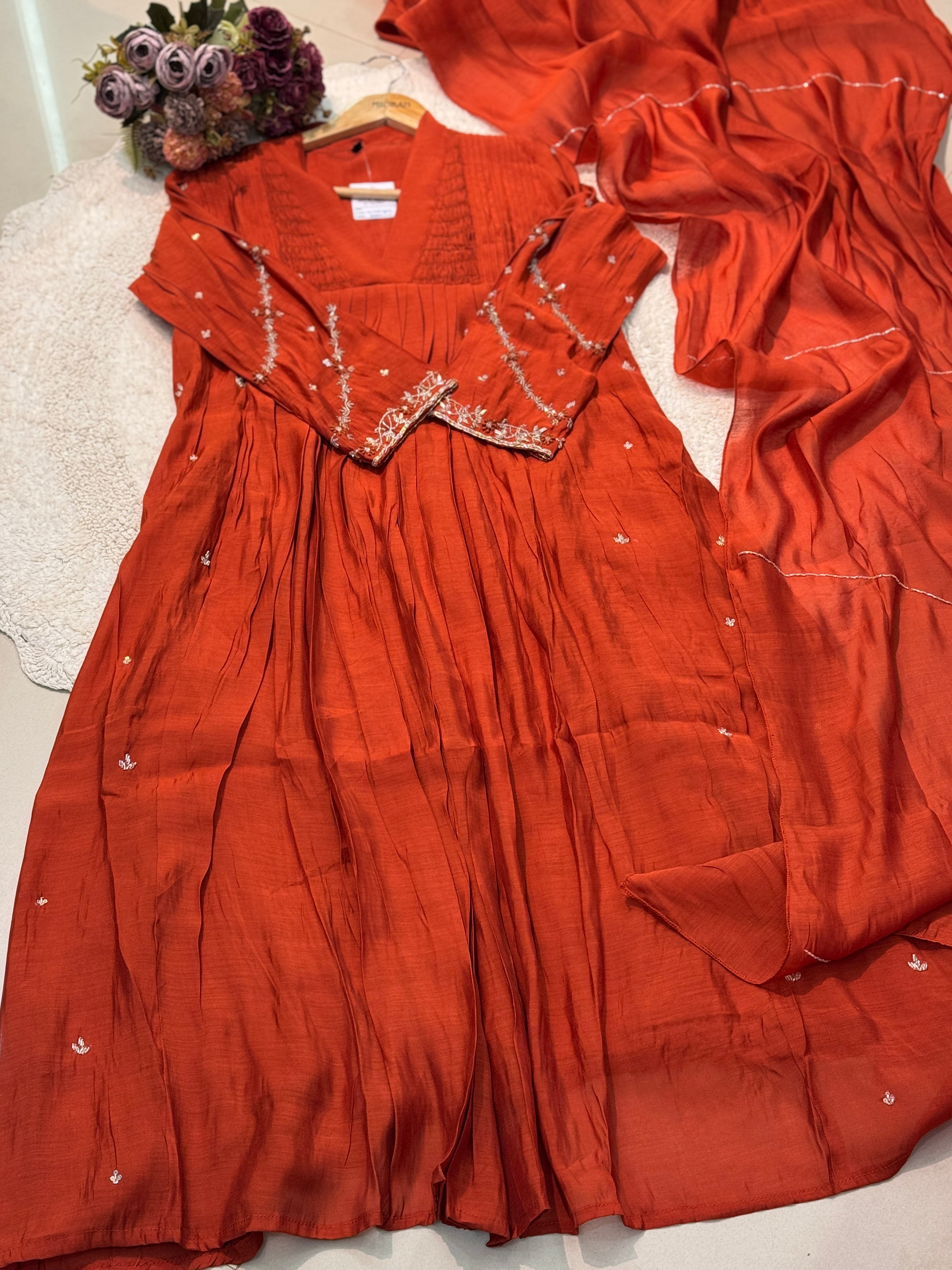 Premium mul chandheri handworked aline suits