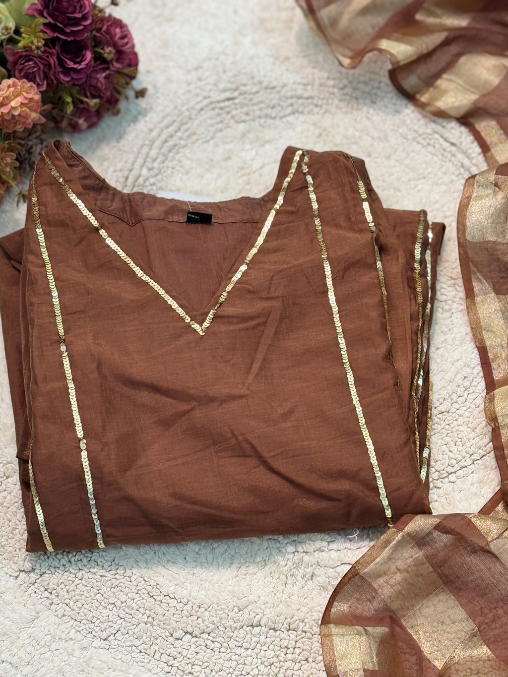 Premium mul chanderi handwork aline suit