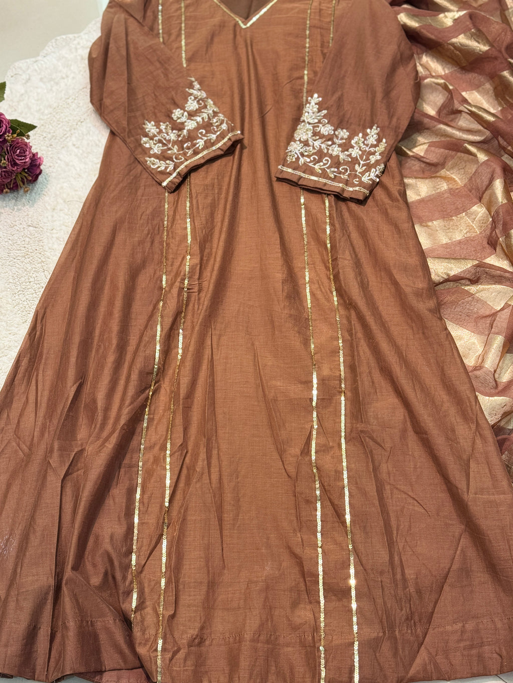 Premium mul chanderi handwork aline suit