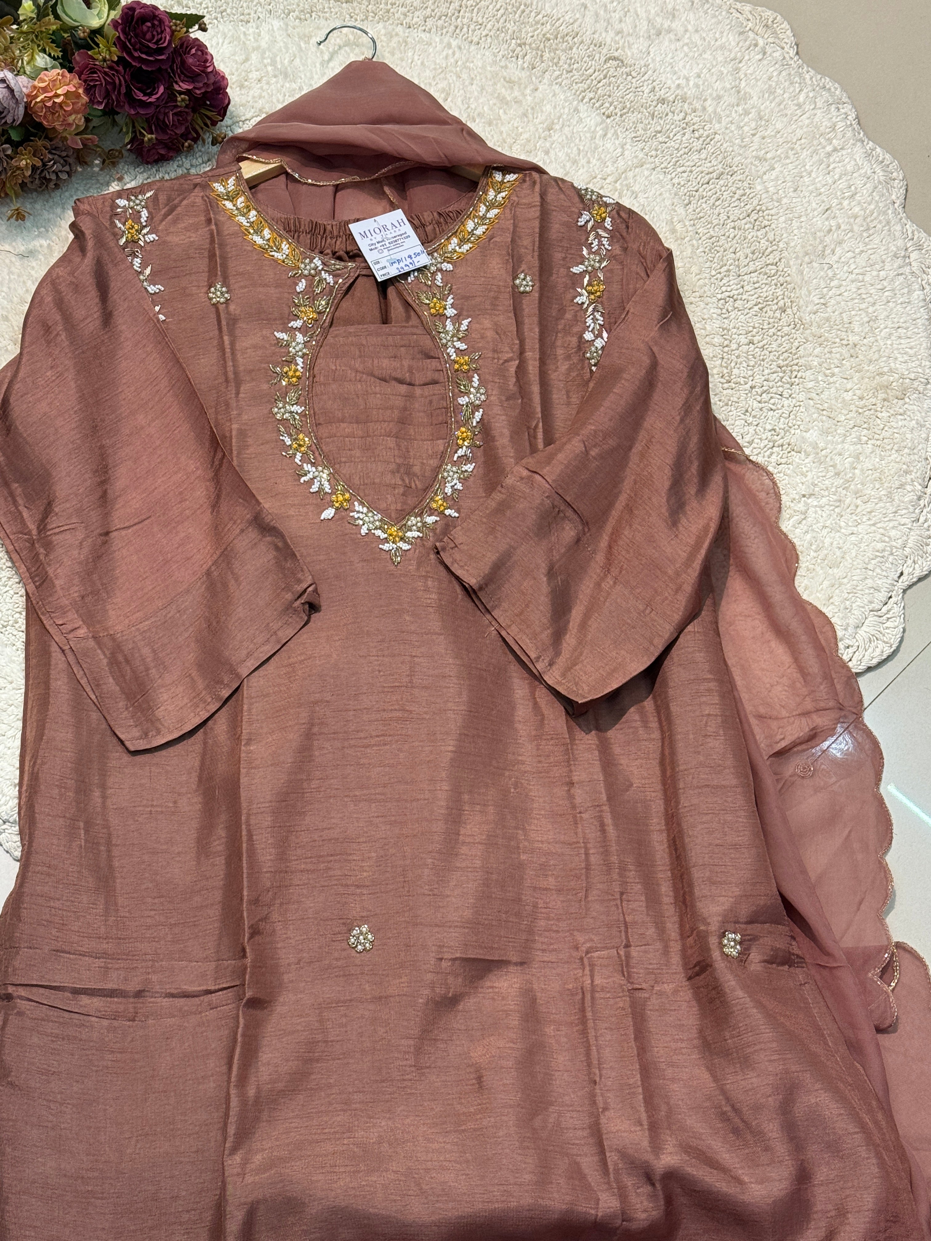 Premium dola silk side cut handworked suit