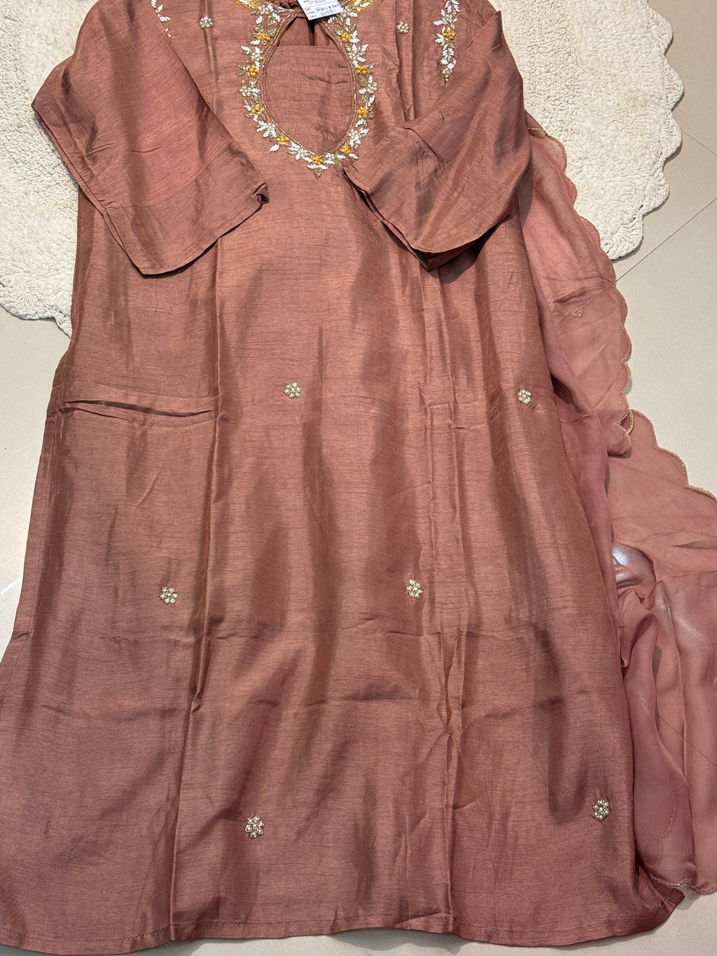 Premium dola silk side cut handworked suit